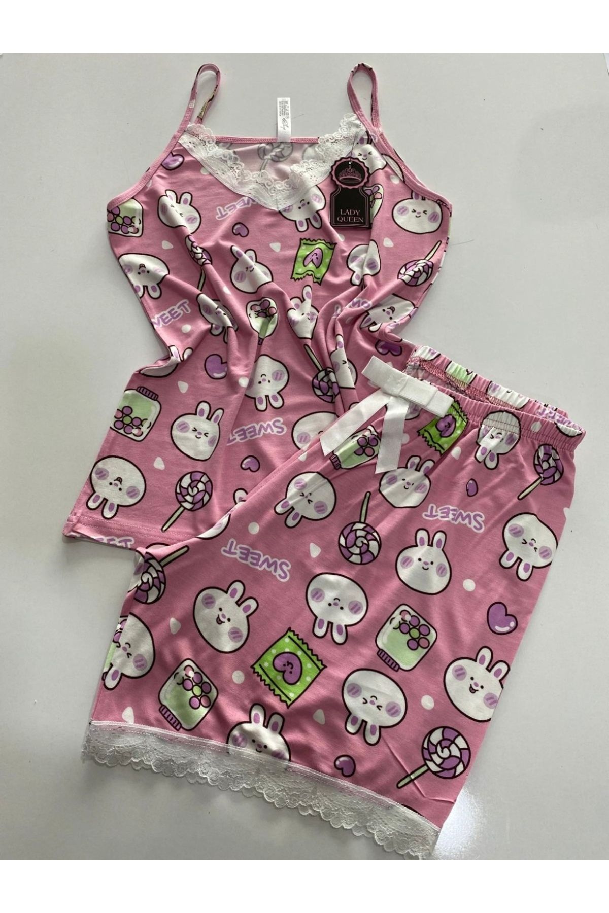Lady Queen Kadın ince askılı bamboo pembe şortlu pijama takımı