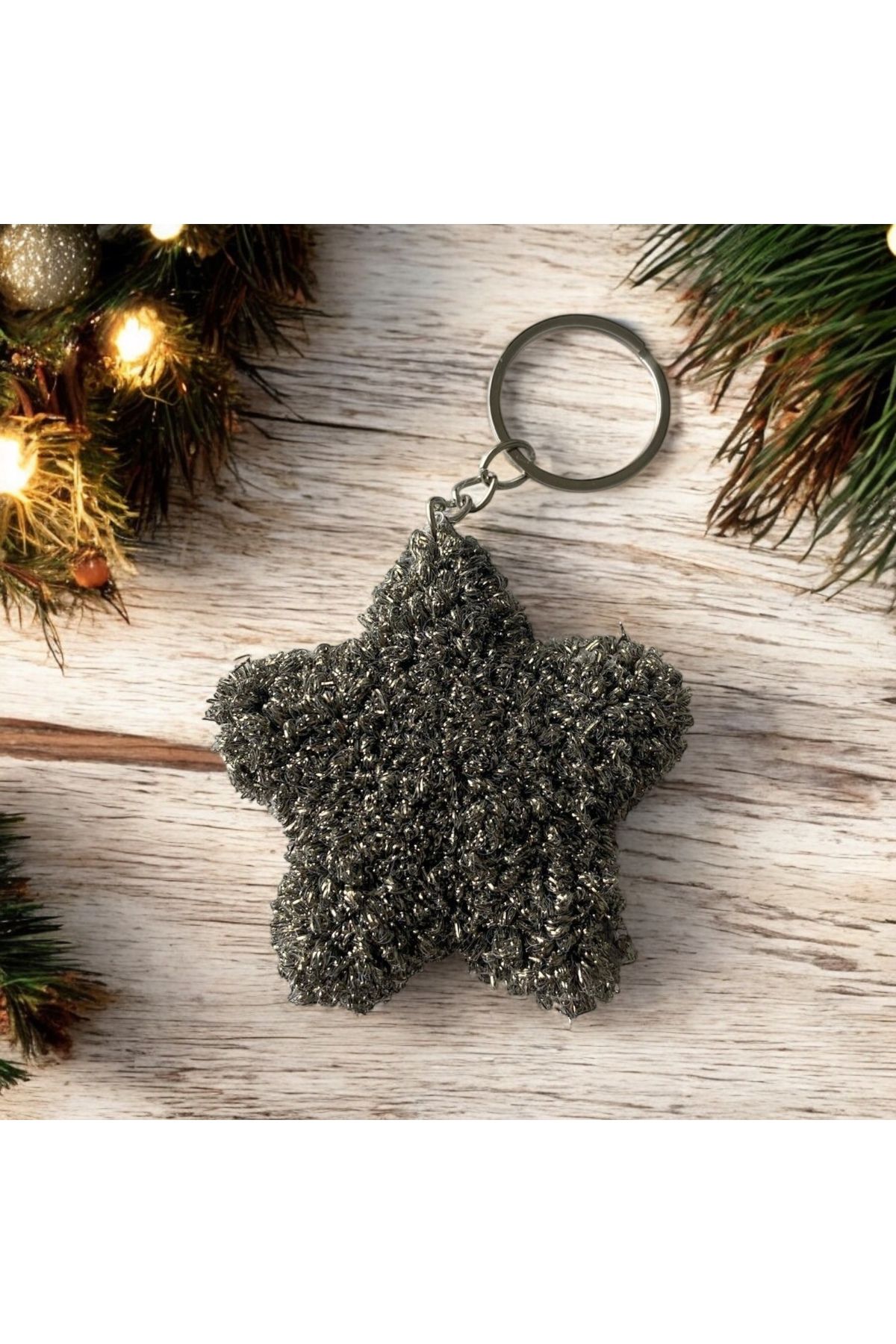 YümanınYumağı Hand Made Örgü Simli Yeşil Yıldız Anahtarlık