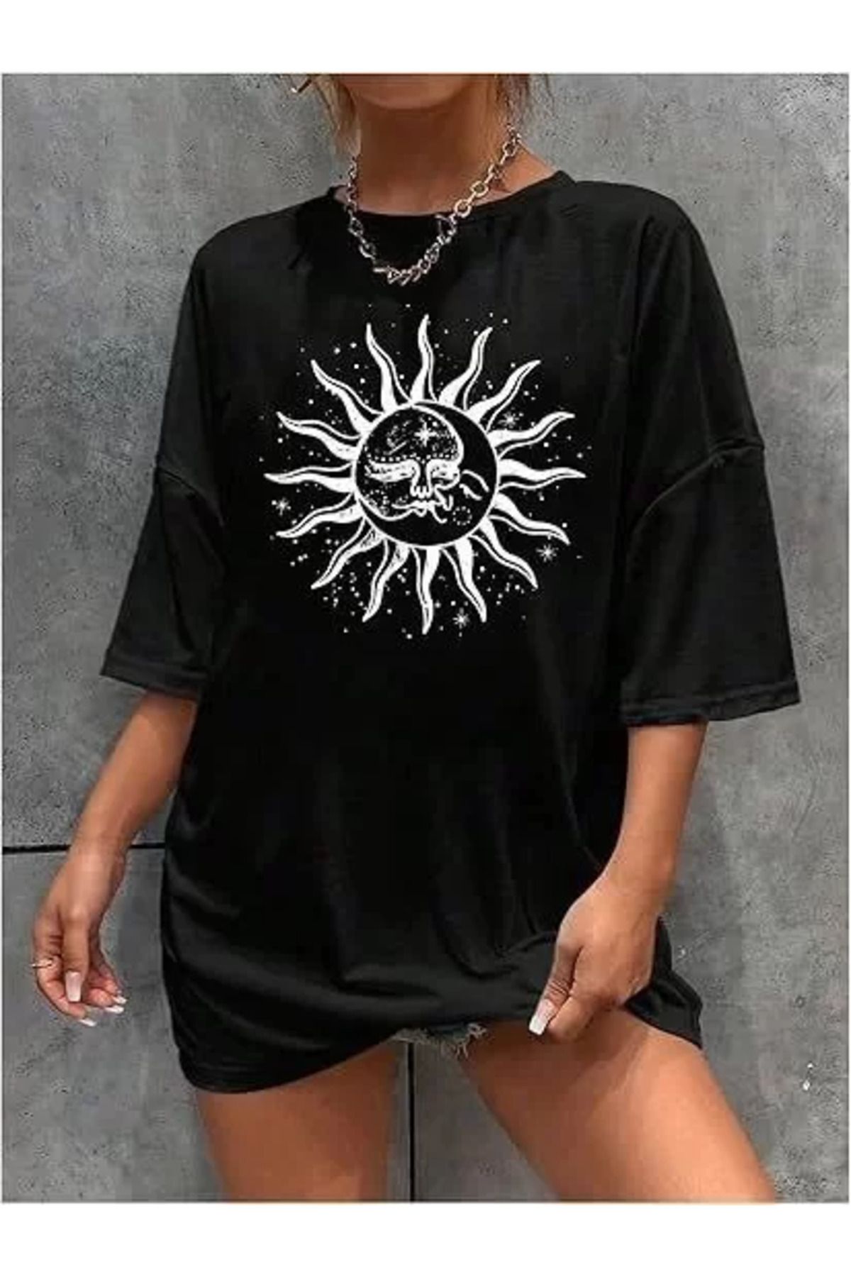 FantaziAtölyesi Kadın Bisiklet Yaka Baskılı T-shirt - Siyah