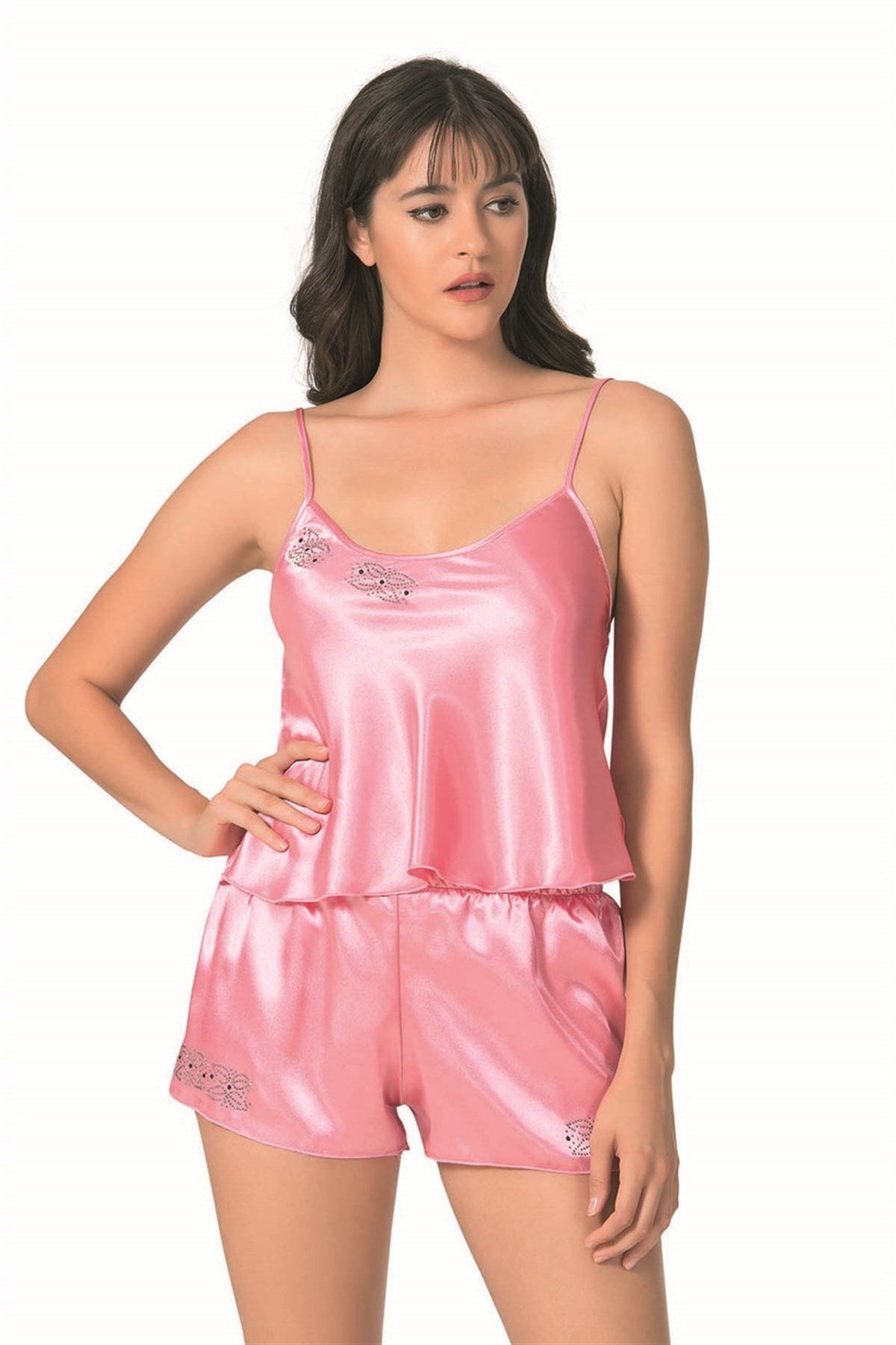 PRIMODA Koyu Pembe Saten Babydoll Şort Takımı
