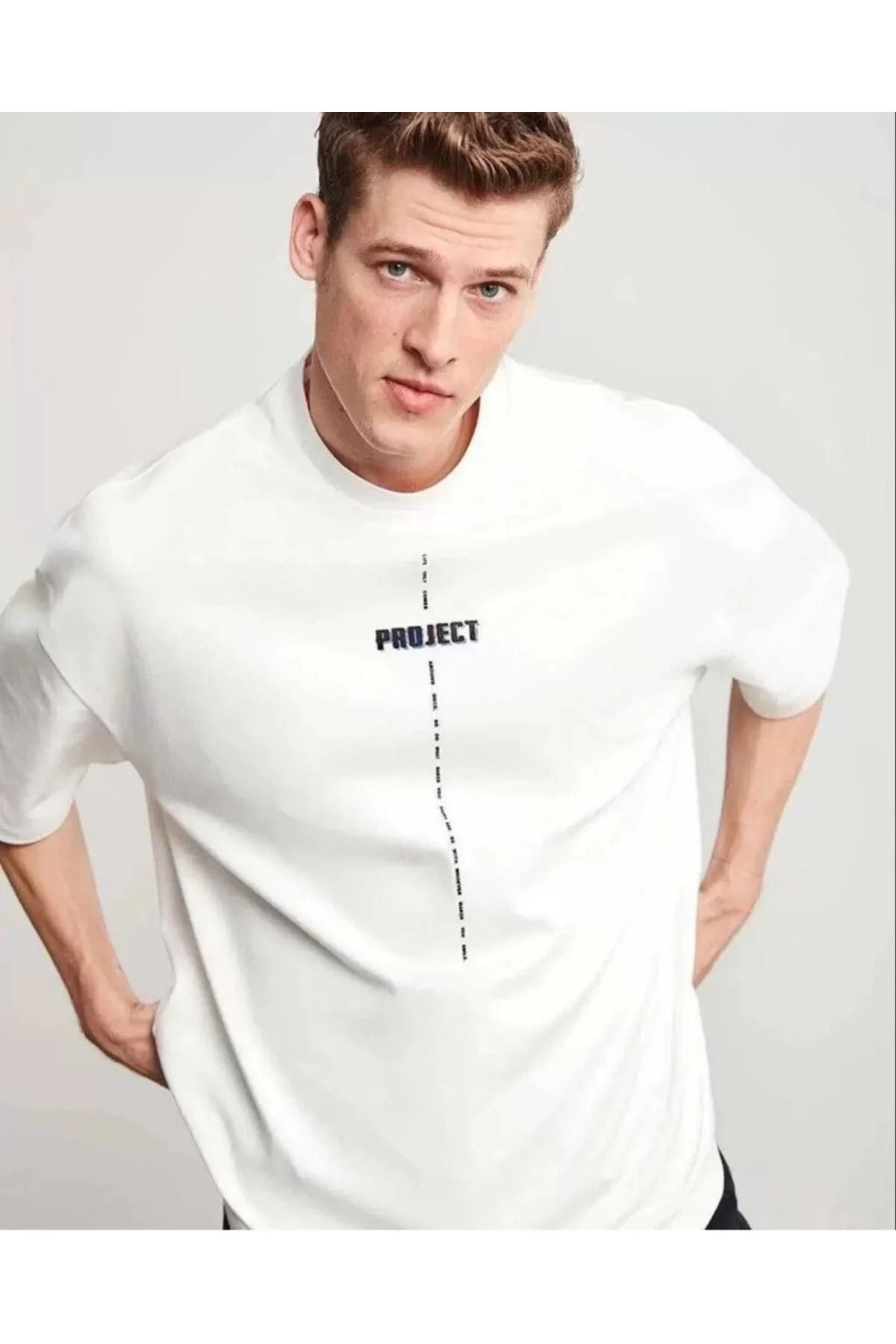 FantaziAtölyesi Unisex Bisiklet Yaka Baskılı Oversize T-Shirt - Beyaz