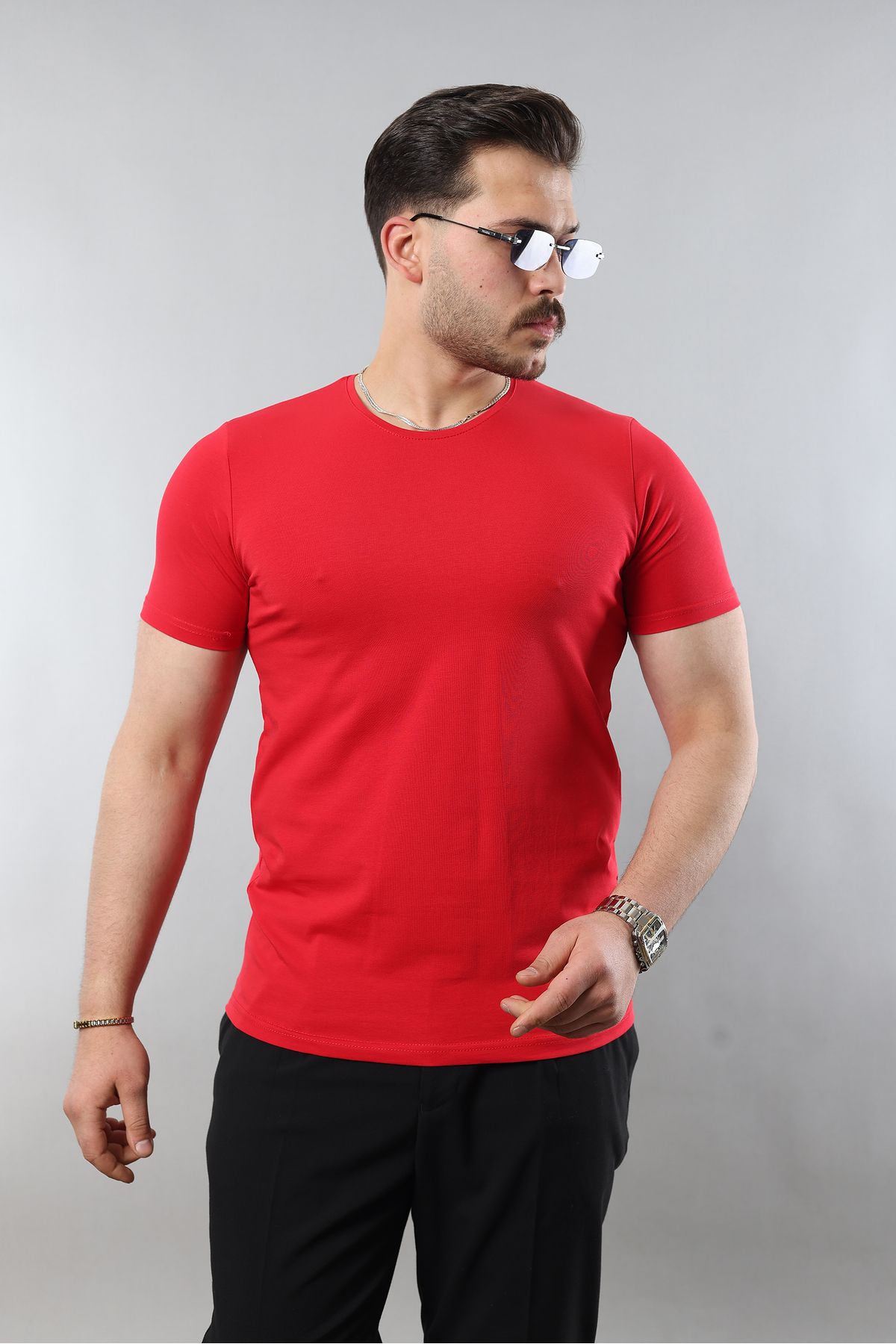 STOCX Erkek %100 Pamuk Slim Fit Dar Kesim Bisiklet Yaka Basic Tişört