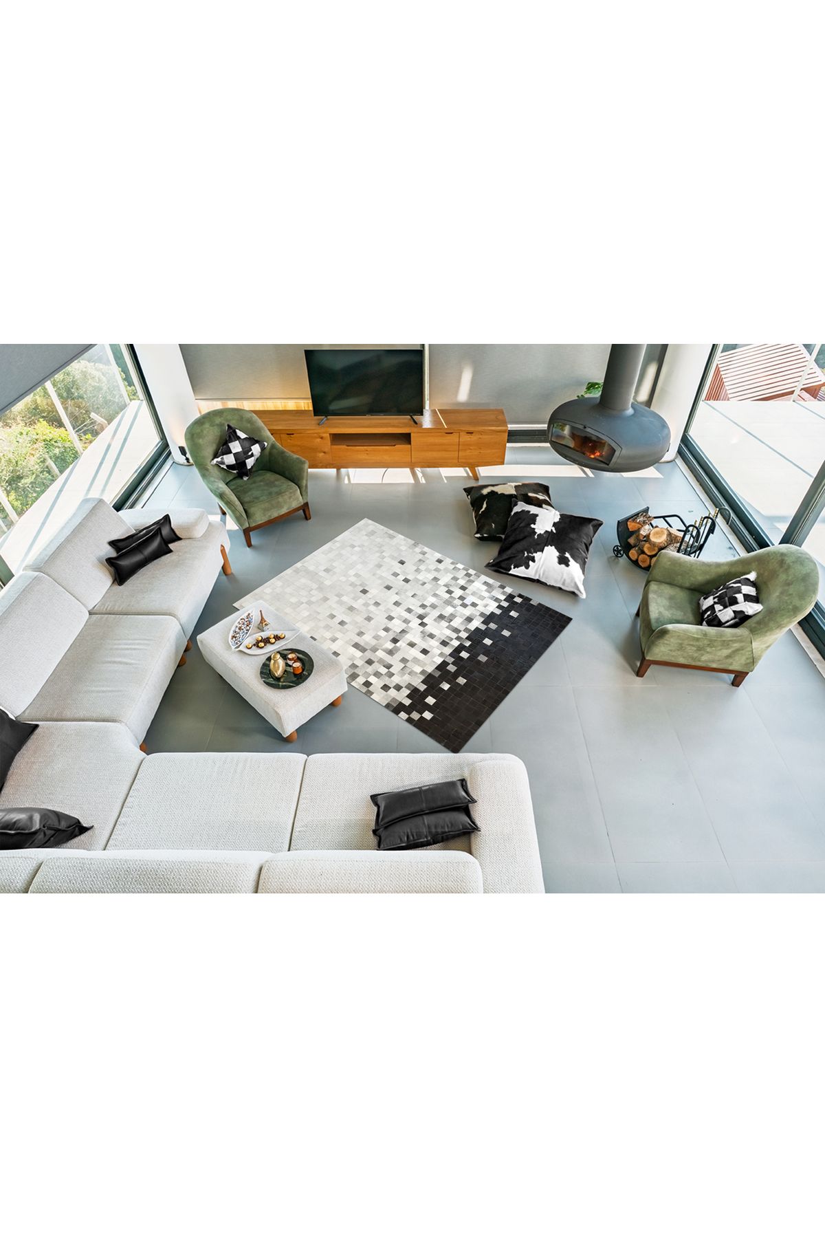 Barrio Rico %100 Doğal Dana Derisi Kaymaz Taban Premium Patchwork Halı - Siyah Beyaz