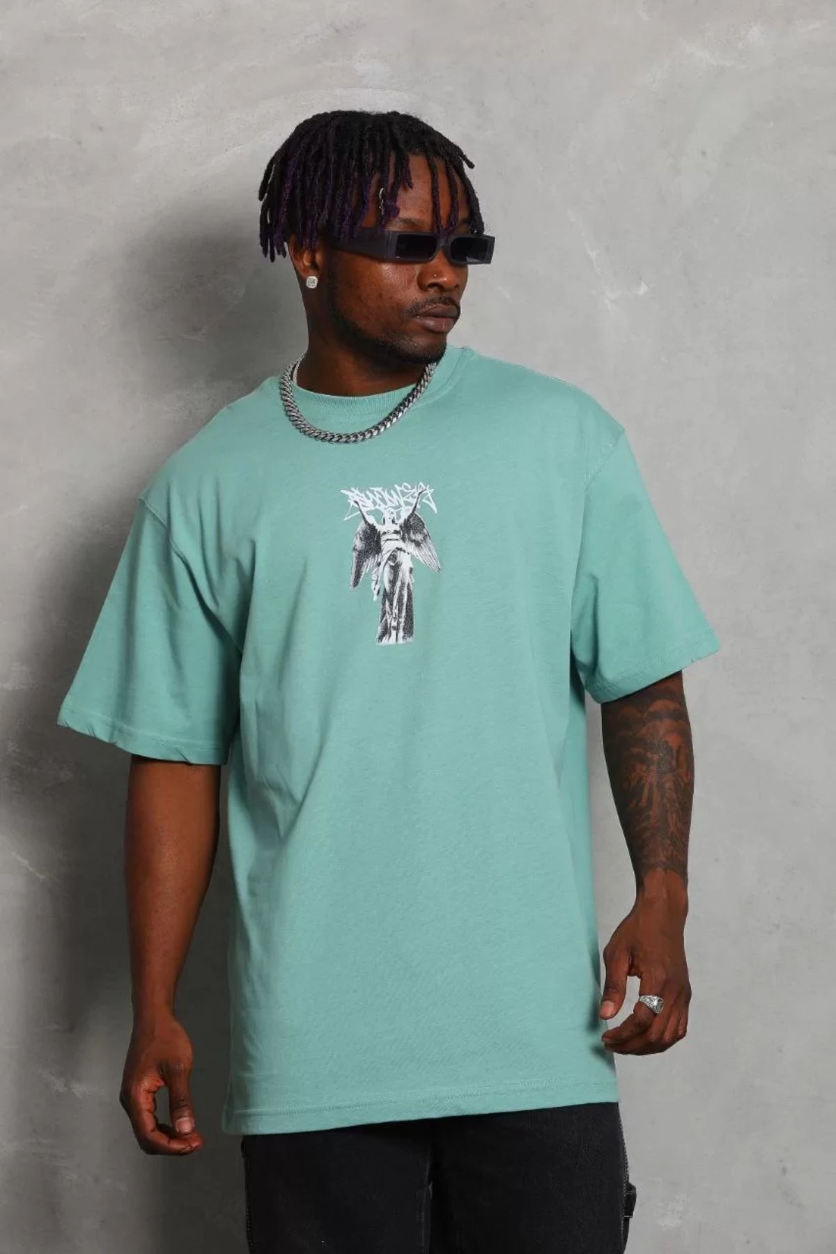 FantaziAtölyesi Unisex Oversize Baskılı Bisiklet Yaka T-Shirt - Mint Yeşili