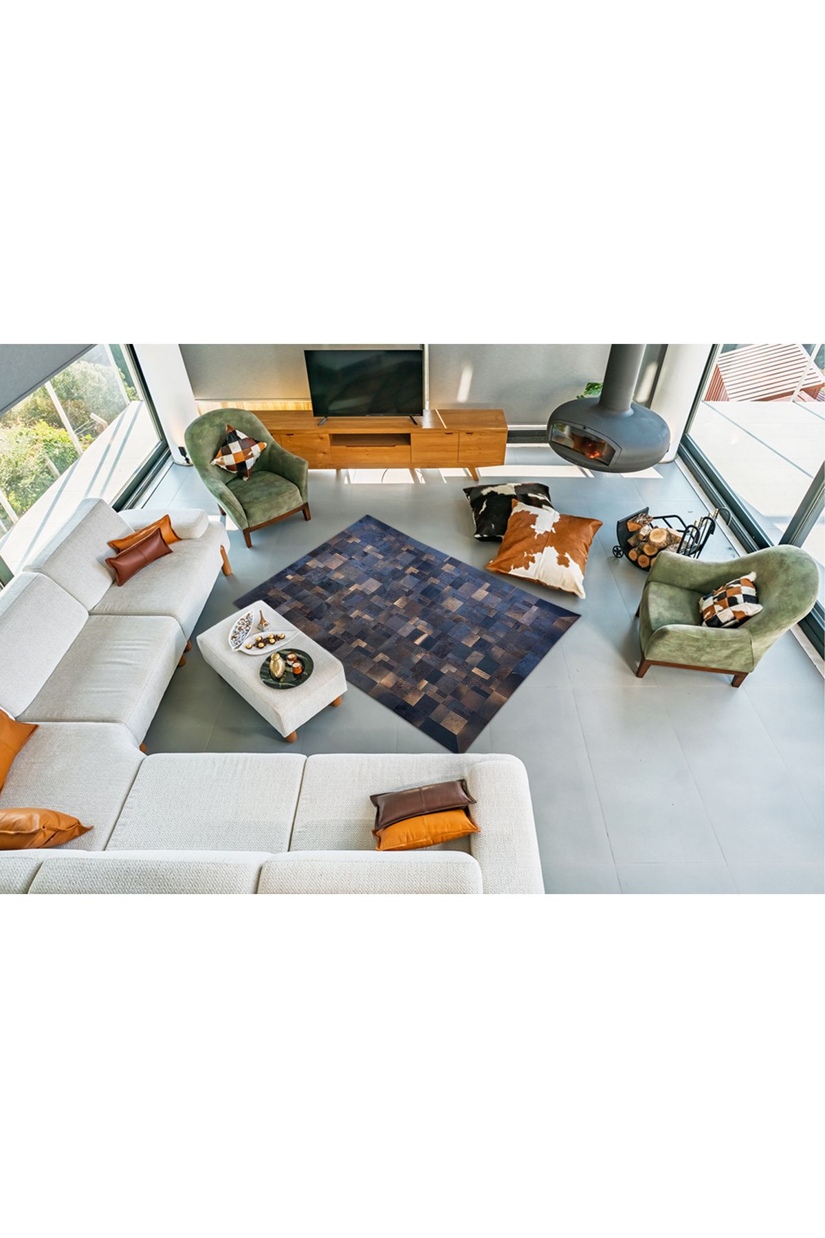 Barrio Rico %100 Doğal Dana Derisi Kaymaz Taban Premium Patchwork Halı - Kahverengi