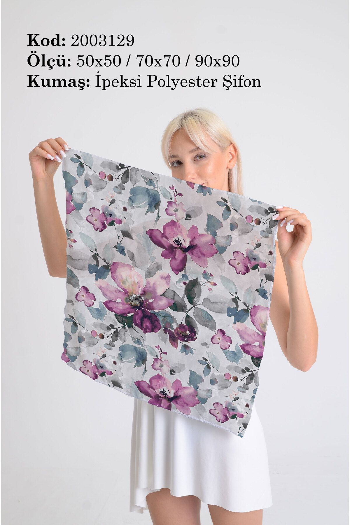 DESENİX Minimal Mor Zarif Çiçek Desenli İpeksi Şifon Fular - Şal, Eşarp, Boyunluk - 50x50, 70x70, 90x90 cm