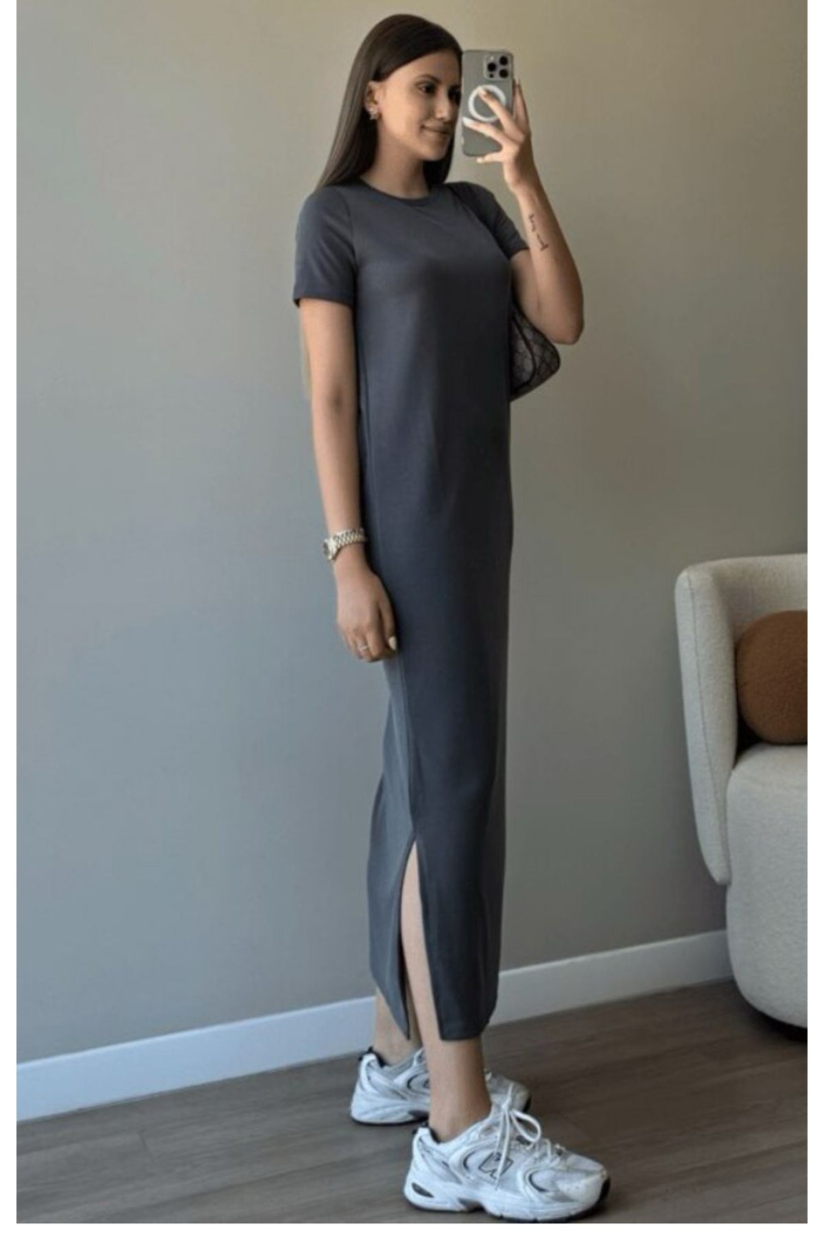 SKYstyles Modal kumaş antrasit yandan yırmaçlı maxi elbise