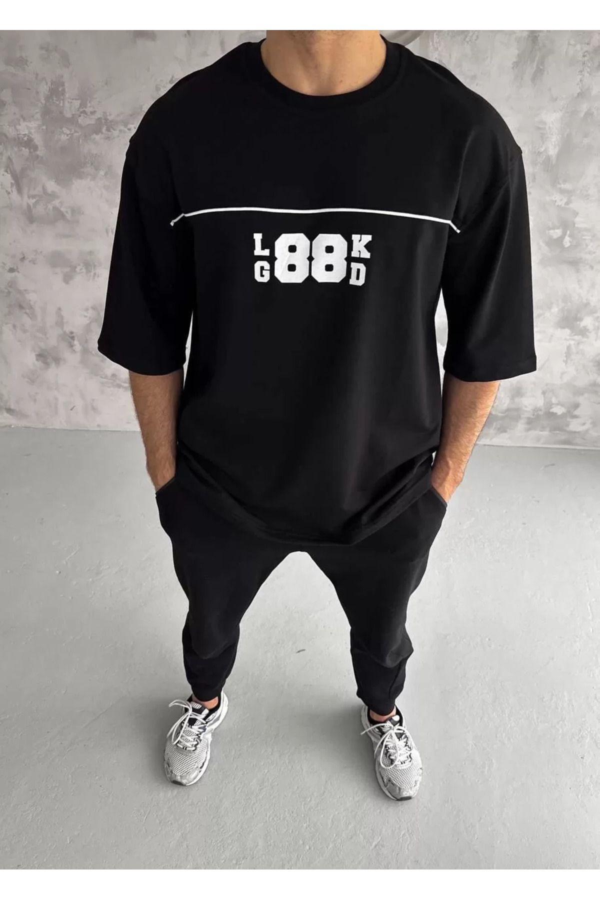 FantaziAtölyesi Unisex Bisiklet Yaka Baskılı Oversize T-Shirt - Siyah