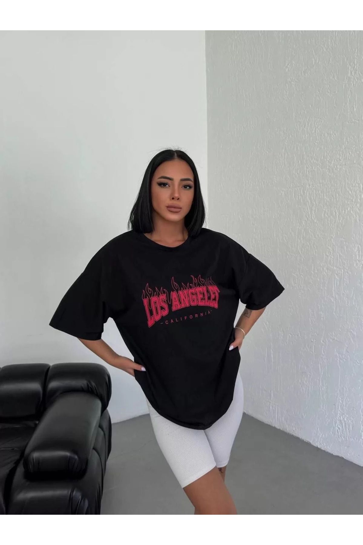 FantaziAtölyesi Unisex Bisiklet Yaka Baskılı Oversize T-Shirt - Siyah