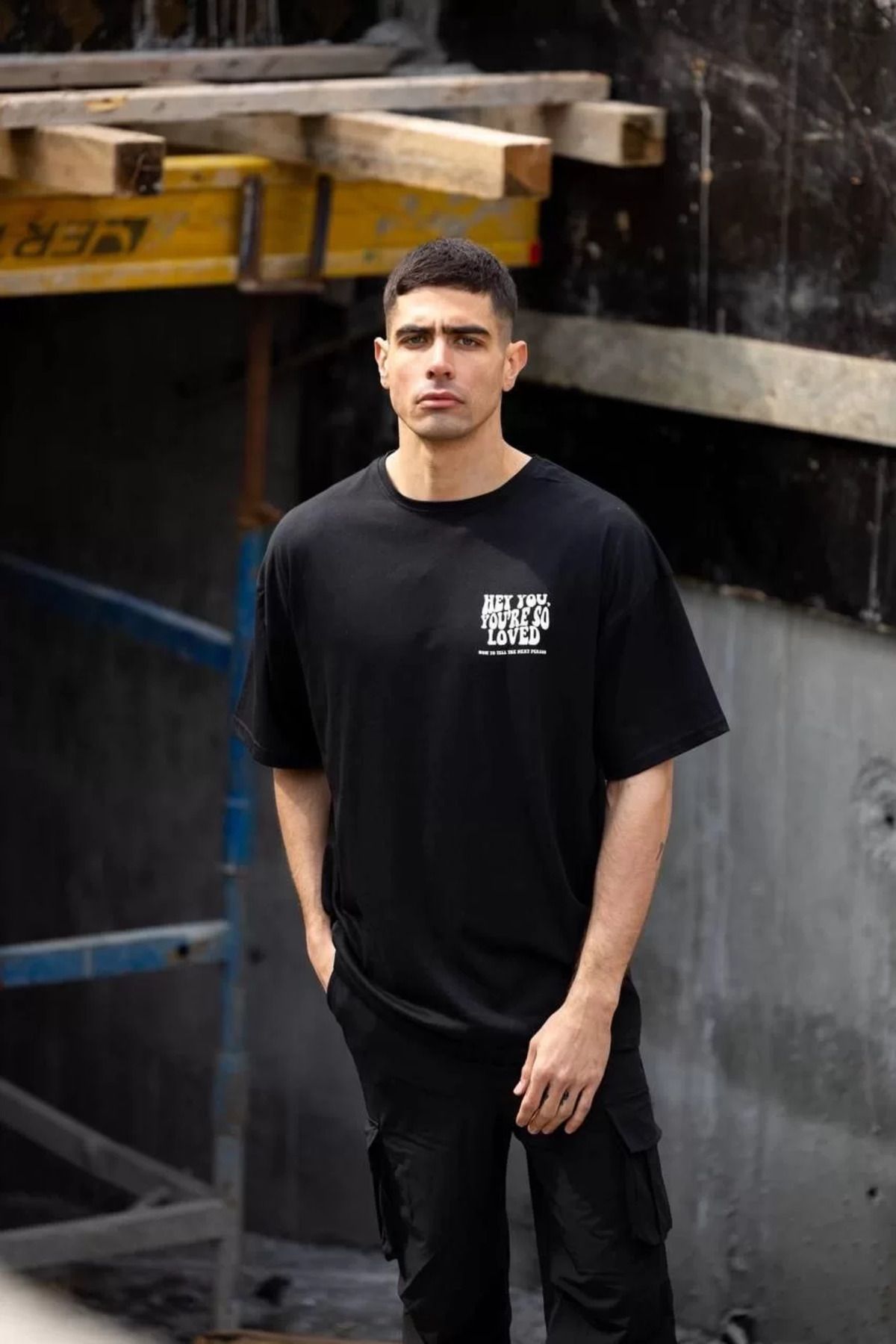 FantaziAtölyesi Unisex Bisiklet Yaka Baskılı Oversize T-Shirt - Siyah
