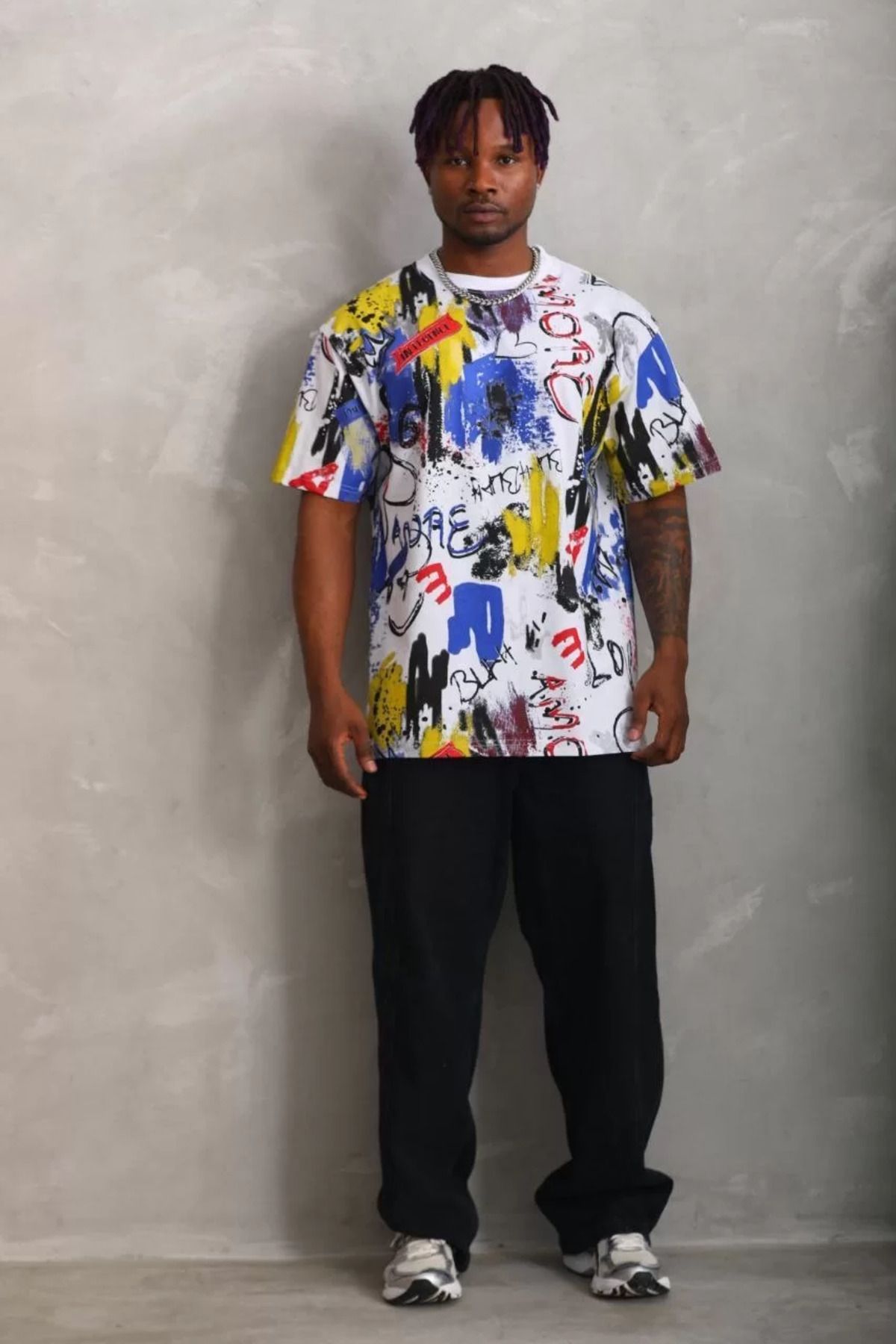 FantaziAtölyesi Unisex Oversize Baskılı Bisiklet Yaka T-Shirt - Beyaz
