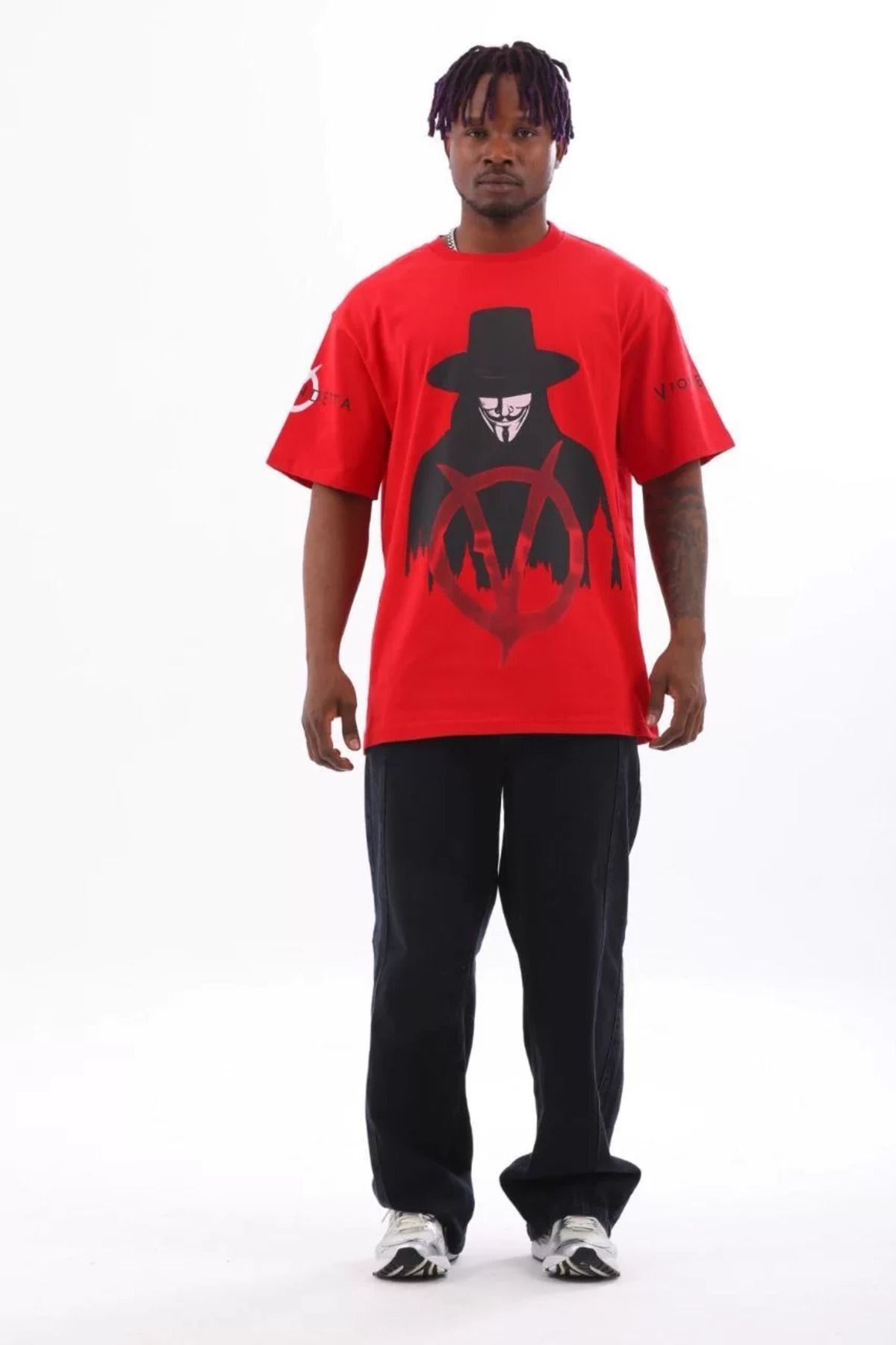 FantaziAtölyesi Unisex Oversize Baskılı Bisiklet Yaka T-Shirt - Kırmızı