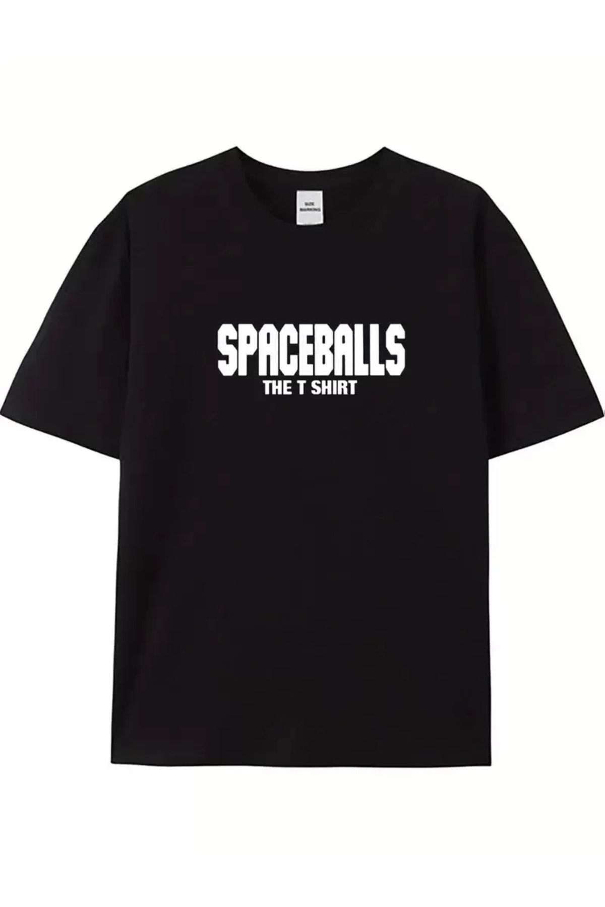 FantaziAtölyesi SPACEBALLS Erkek Baskılı Oversize Bisiklet Yaka T-shirt - Siyah