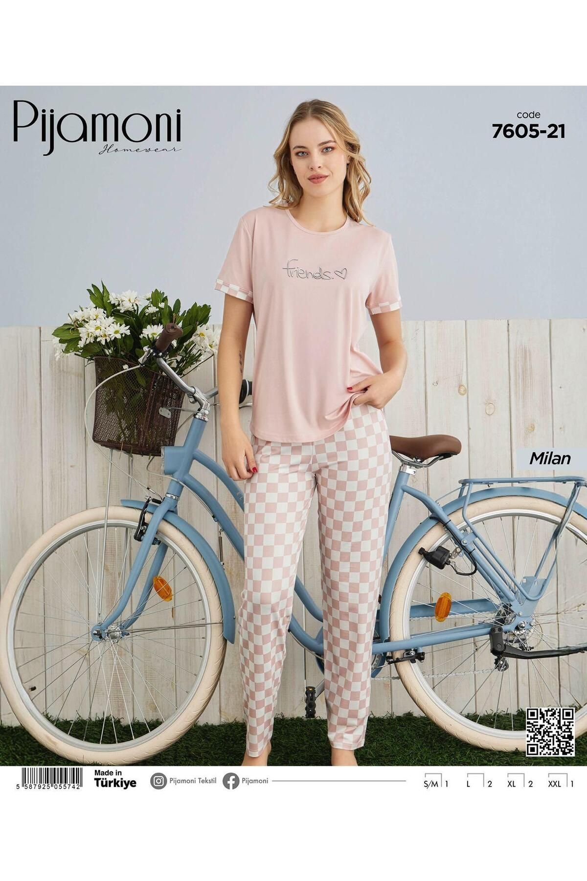 Pijamoni Bambu Milan Kumaş Somon Renkli Sıfır Yaka Kısa Kollu Kadın Pijama Takımı