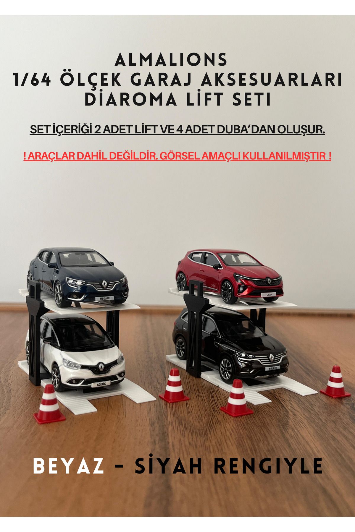 almalions 1/64 Ölçek Diaroma Araç Lifti 2 Adet + 4 Adet Duba Garaj Aksesuarları Beyaz - Siyah