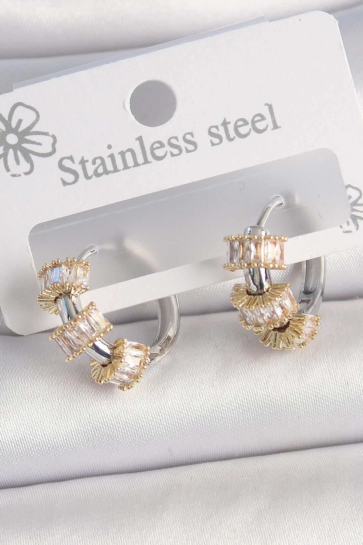 FASHIONLINE Pirinç Gümüş Renk Halka Gold Zirkon Taşlı Model Kadın Küpe