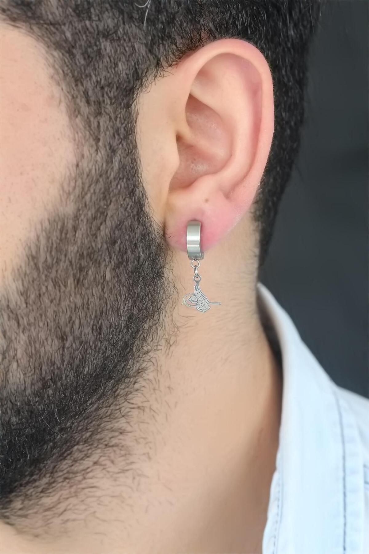 FASHIONLINE Silver Renk Kaplama Osmanlı Tuğra Figürlü Kıstırmalı Çelik Erkek Küpe