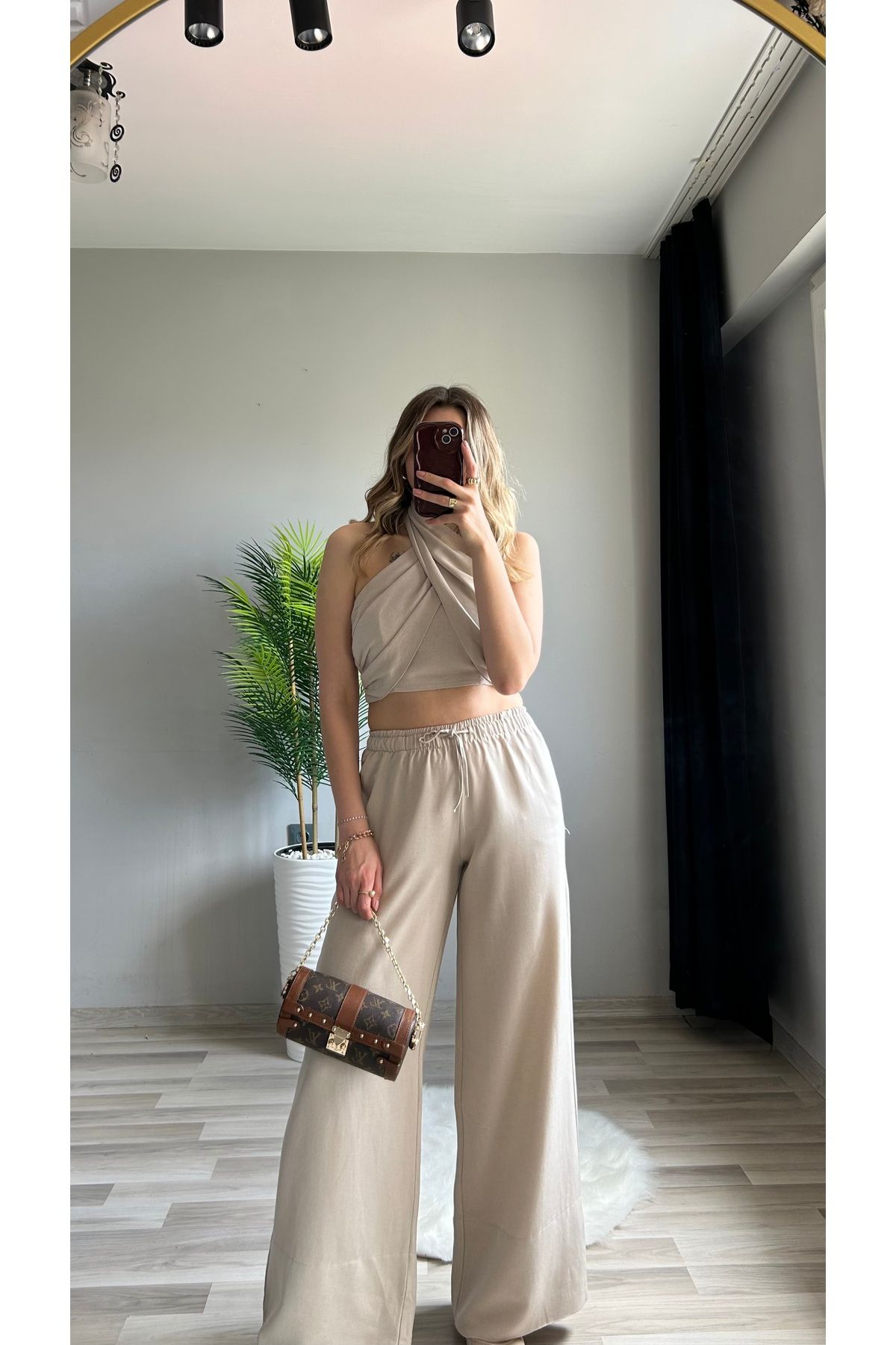 ensbutik Boyundan Bağlamalı Keten Takım