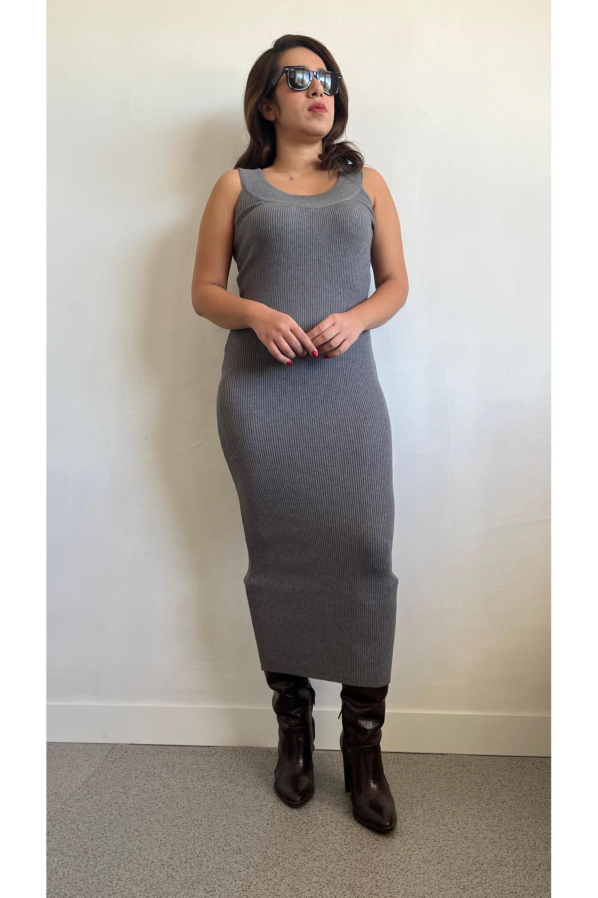 Gizybutik Kalın Askılı Likralı Uzun Triko Elbise