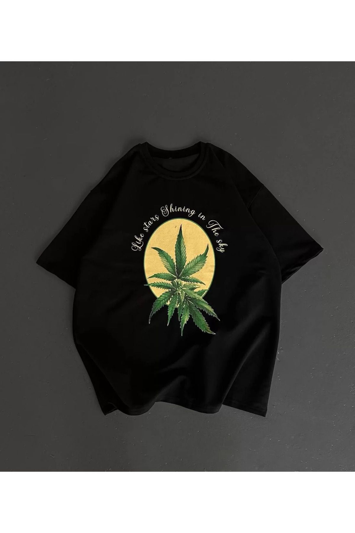 FantaziAtölyesi Ön ve Arka Baskılı Oversize Bisiklet Yaka T-shirt- Siyah