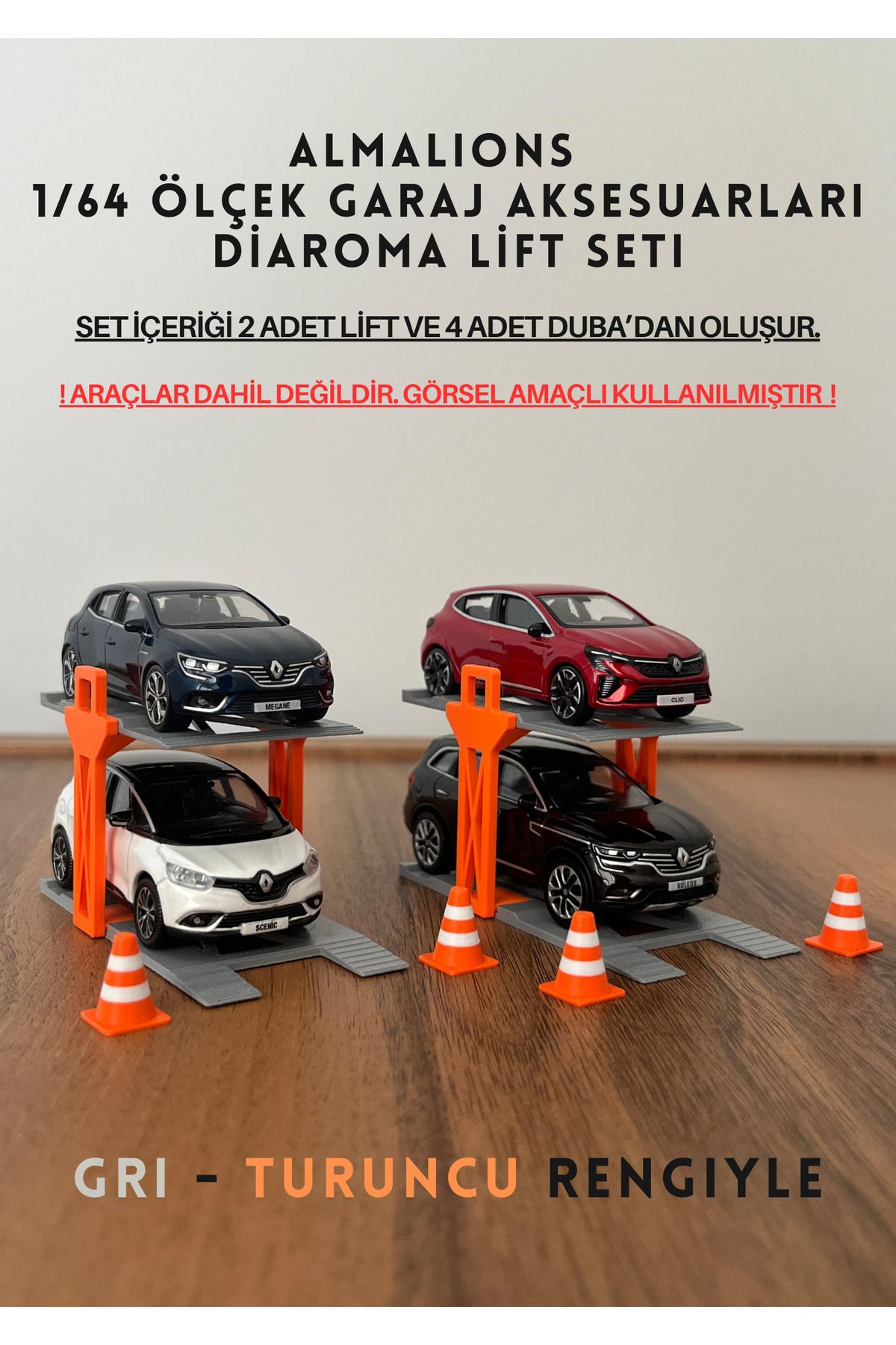 almalions 1/64 Ölçek Diaroma Araç Lifti 2 Adet + 4 Adet Duba Garaj Aksesuarları Gri - Turuncu