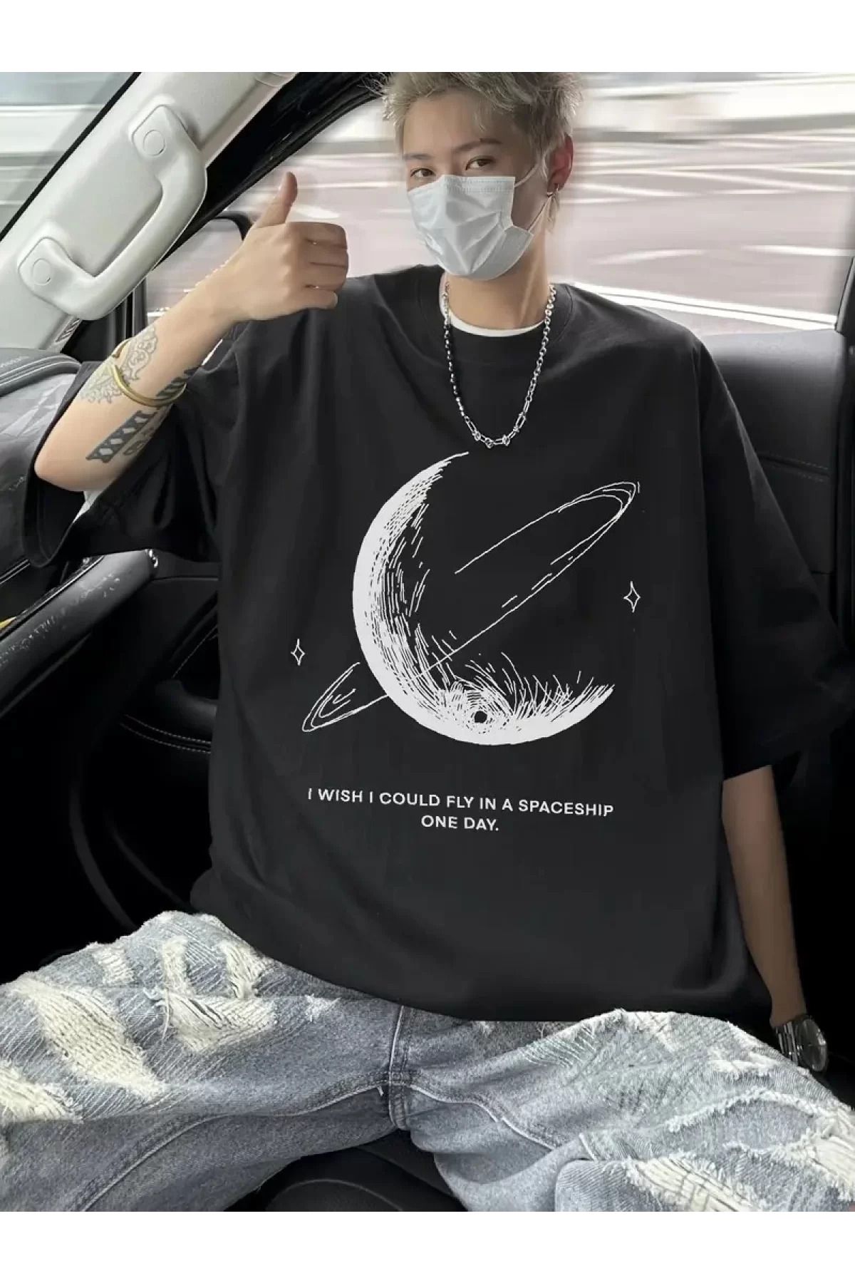 BBbutik Ay Baskılı Oversize Rahat Kalıp Kısa Kollu Tişört