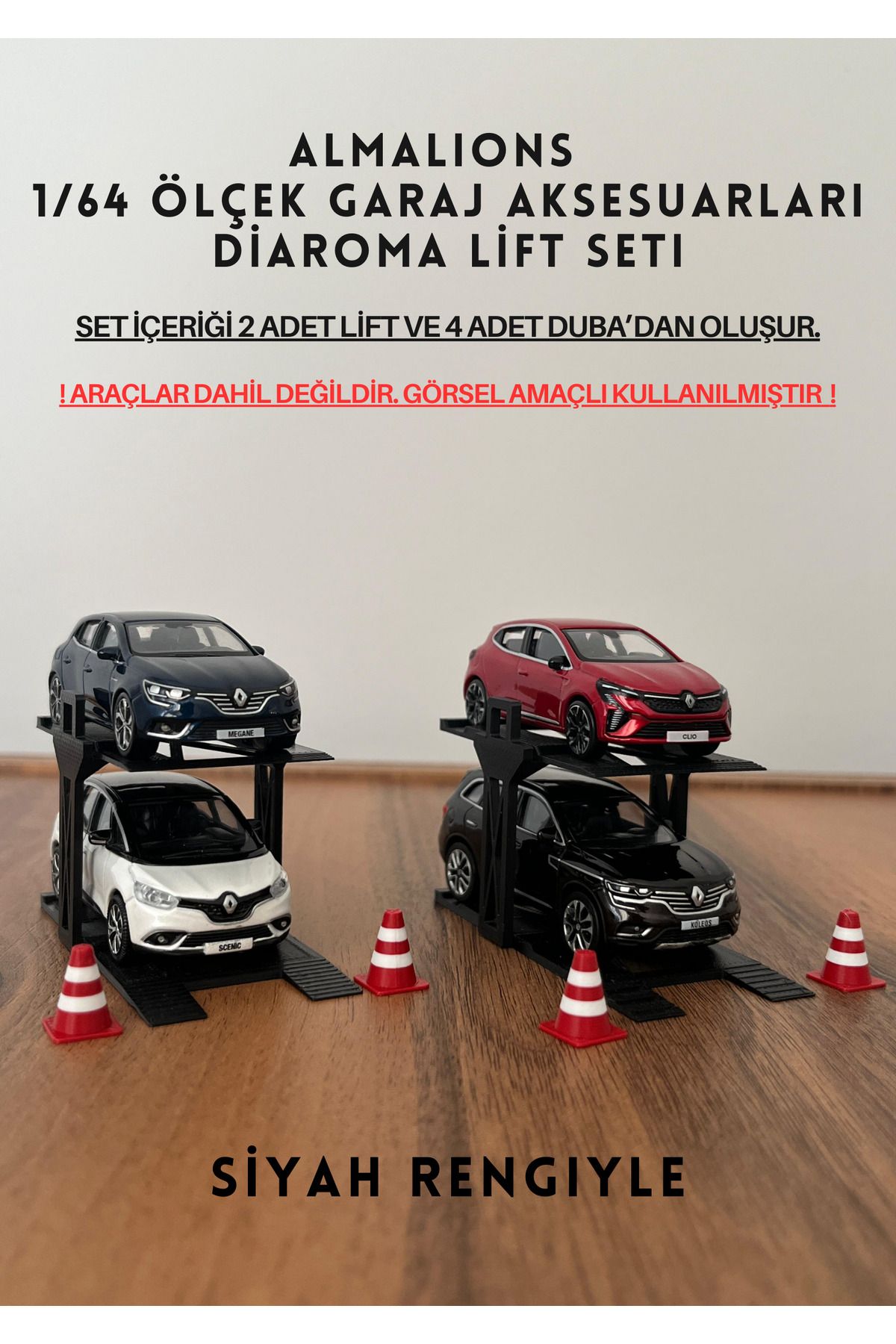 almalions 1/64 Ölçek Diaroma Araç Lifti 2 Adet + 4 Adet Duba Garaj Aksesuarları Siyah