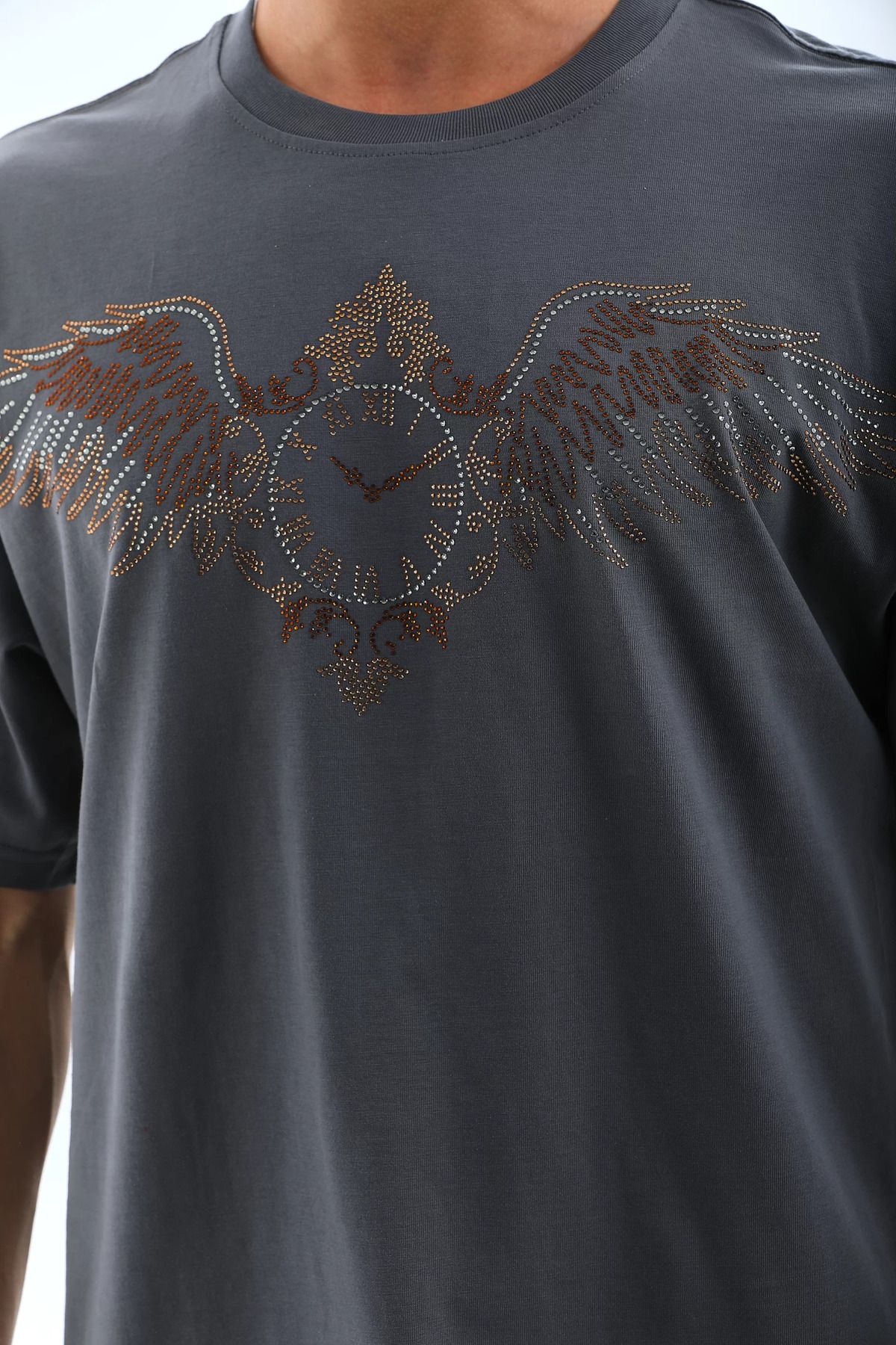 FantaziAtölyesi Unisex Oversize Taşlı Bisiklet Yaka T-Shirt - Füme