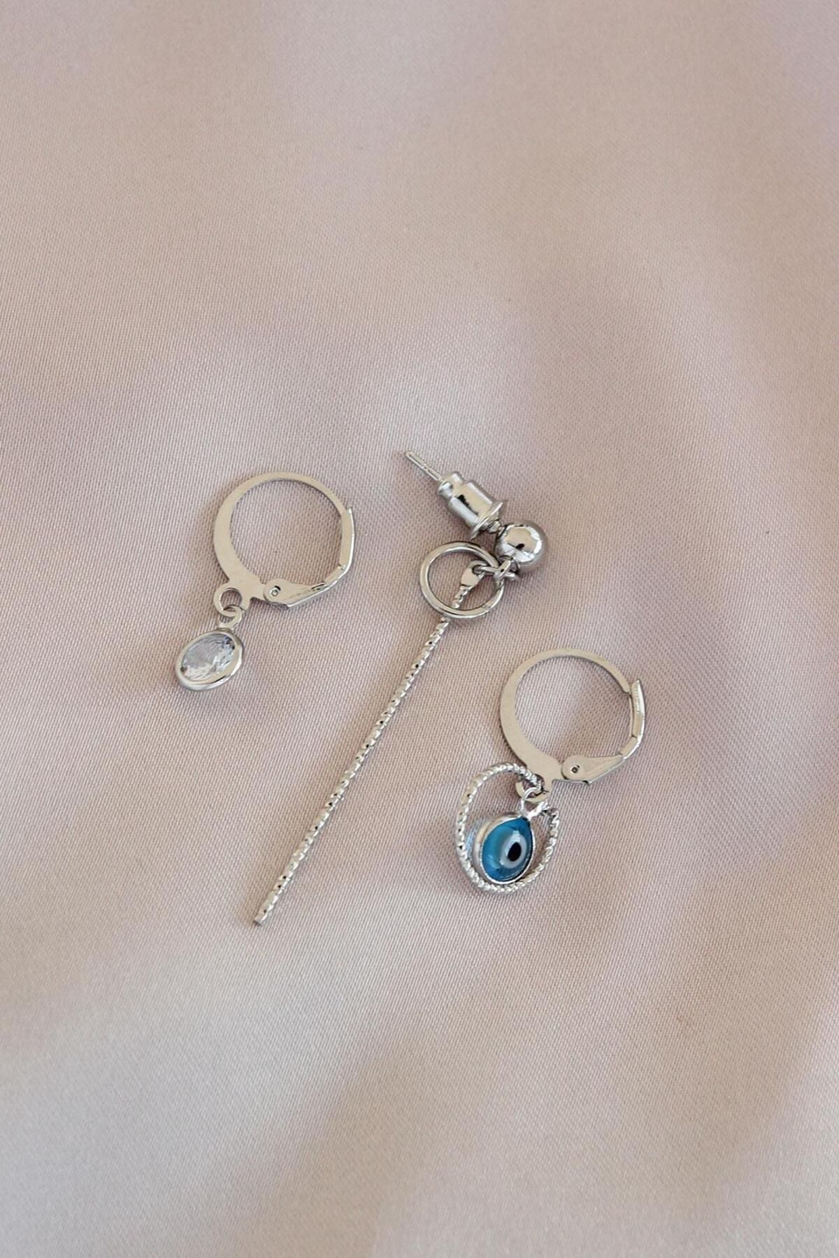 FASHIONLINE Silver Renkli Nazar Boncuklu Metal Küpe Seti