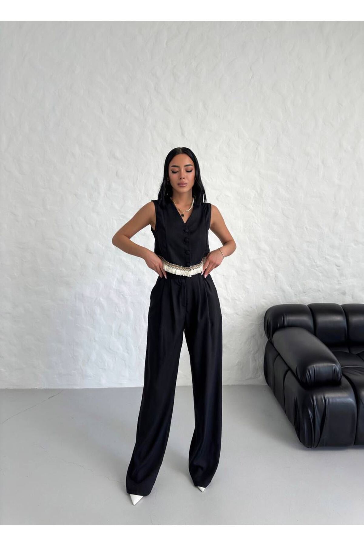 Nisa Luxury Boutique Kadın V Yaka Etnik Püskül Tasarım Yazlık Yelekli Takım