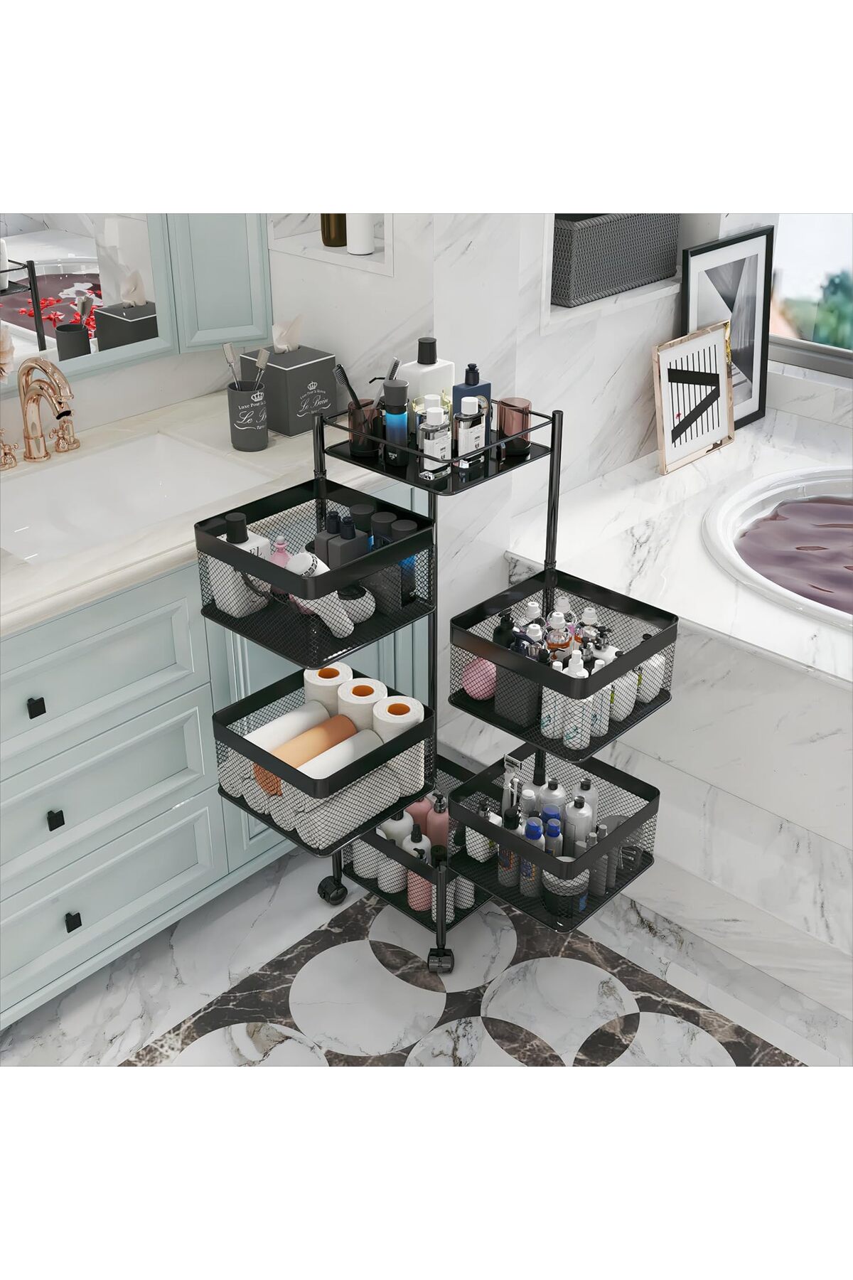 سلة تخزين مكون من 5 طبقات بتصميم مربع دوار قابل للنقل مع عجلات لتخزين الفواكه والخضراوات في المطبخ