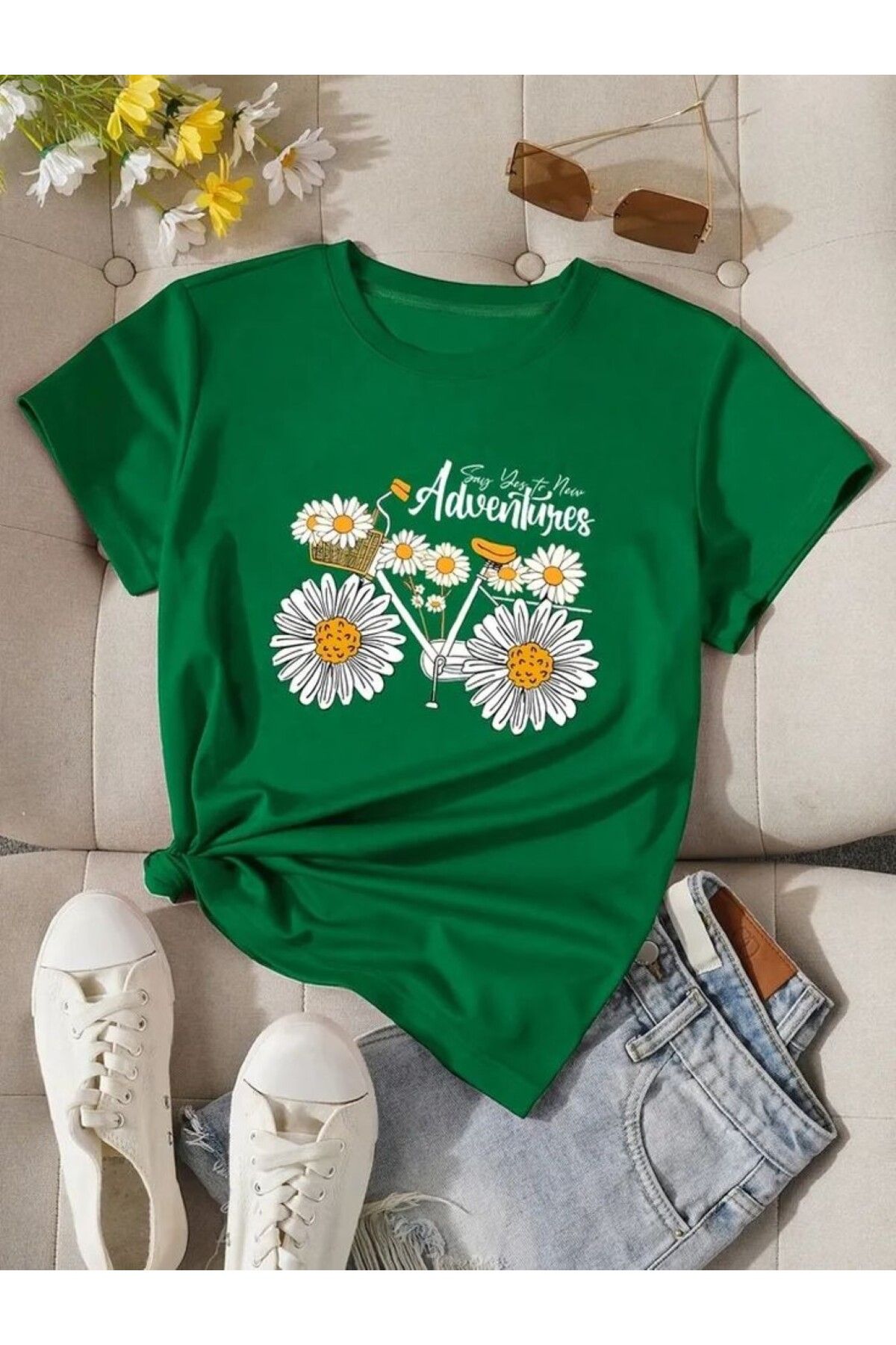 aynewmoda Kız Çocuk Kısa Kollu Ayçiçeği Baskılı Tişört