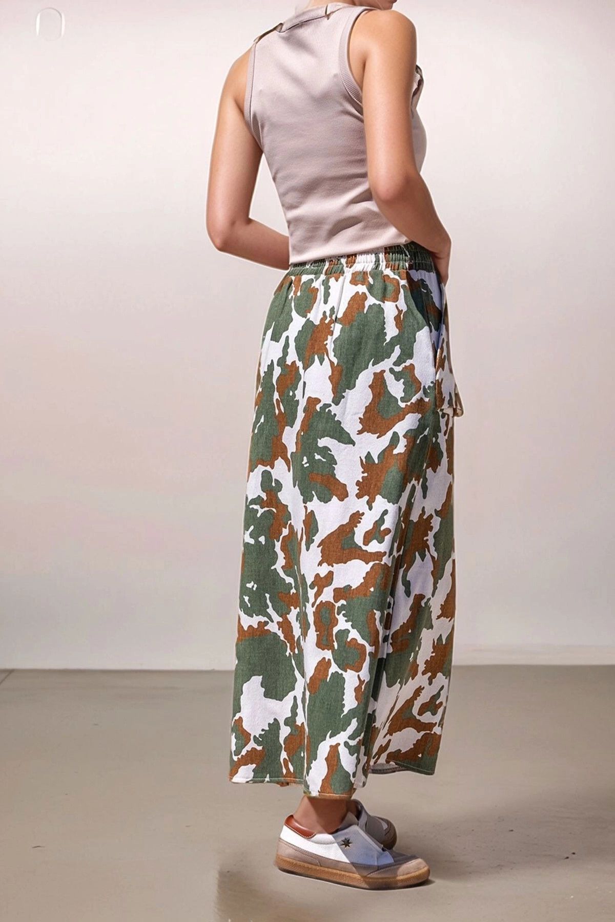 bacc-Khaki Ecru Camouflage Self Patterned Gabardine Double Pocket Elastic Waist Long Skirt Bcbsk-25700-3553 2