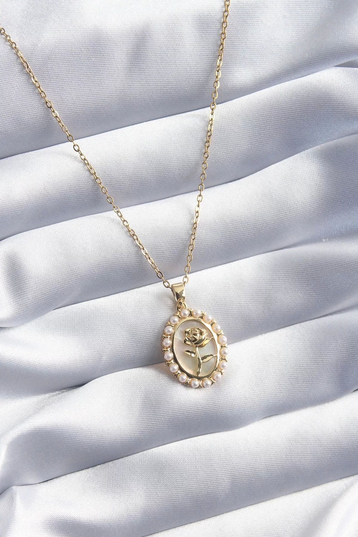 Clariss 316L Çelik Gold Renk Gül Model İnci Detay Kadın Kolye