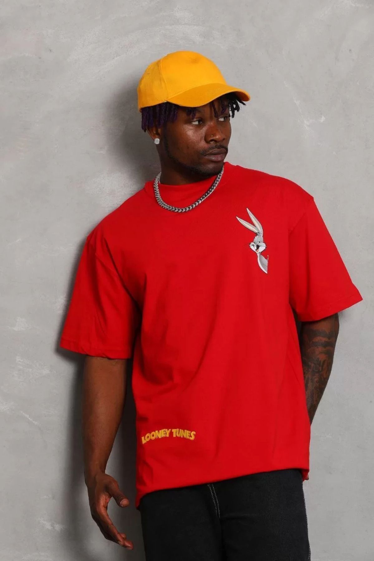 FantaziAtölyesi Unisex Oversize Baskılı Bisiklet Yaka T-Shirt - Kırmızı