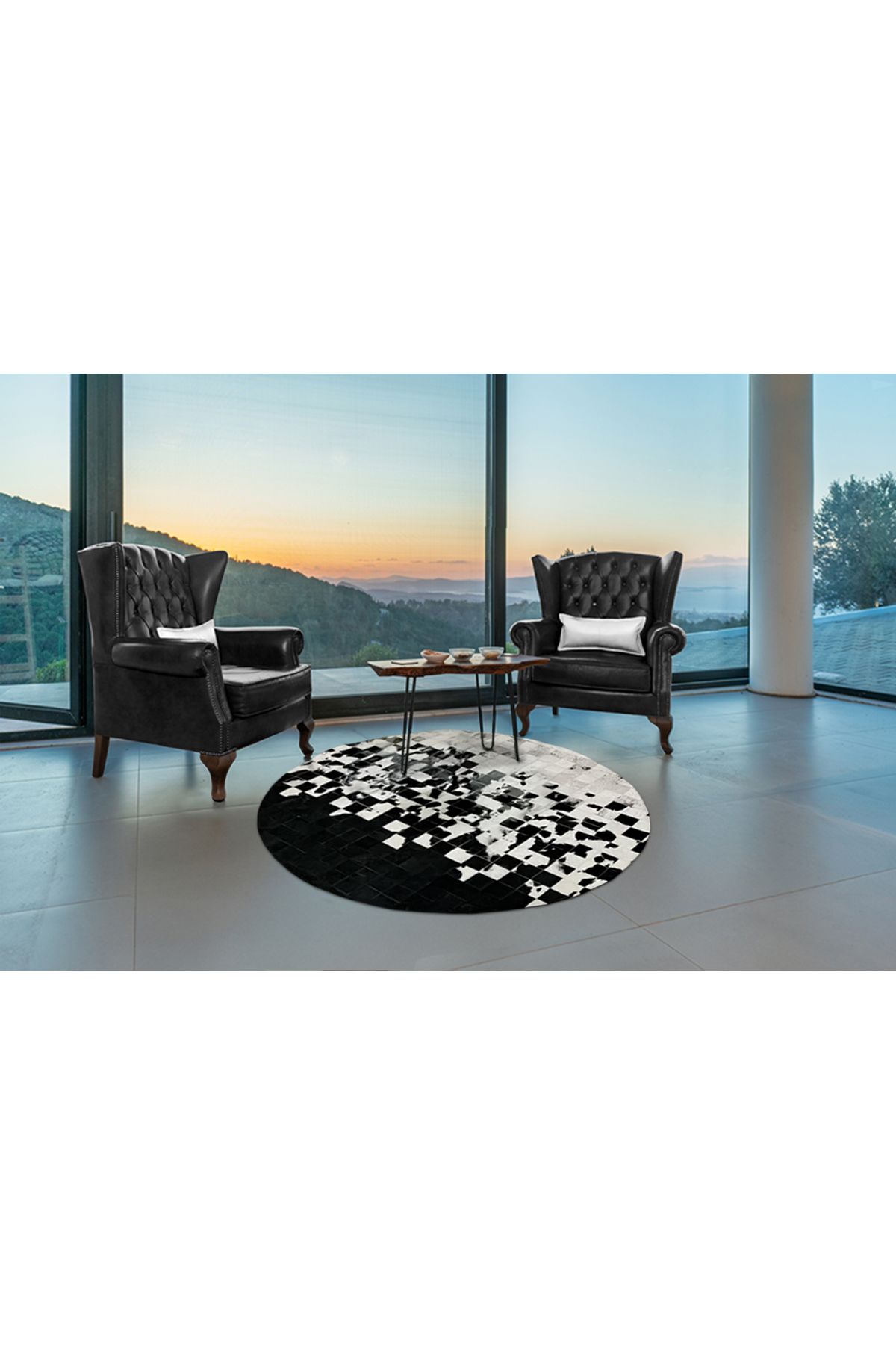 Barrio Rico %100 Doğal Dana Derisi Kaymaz Taban Premium Yuvarlak Patchwork Halı - Siyah Beyaz