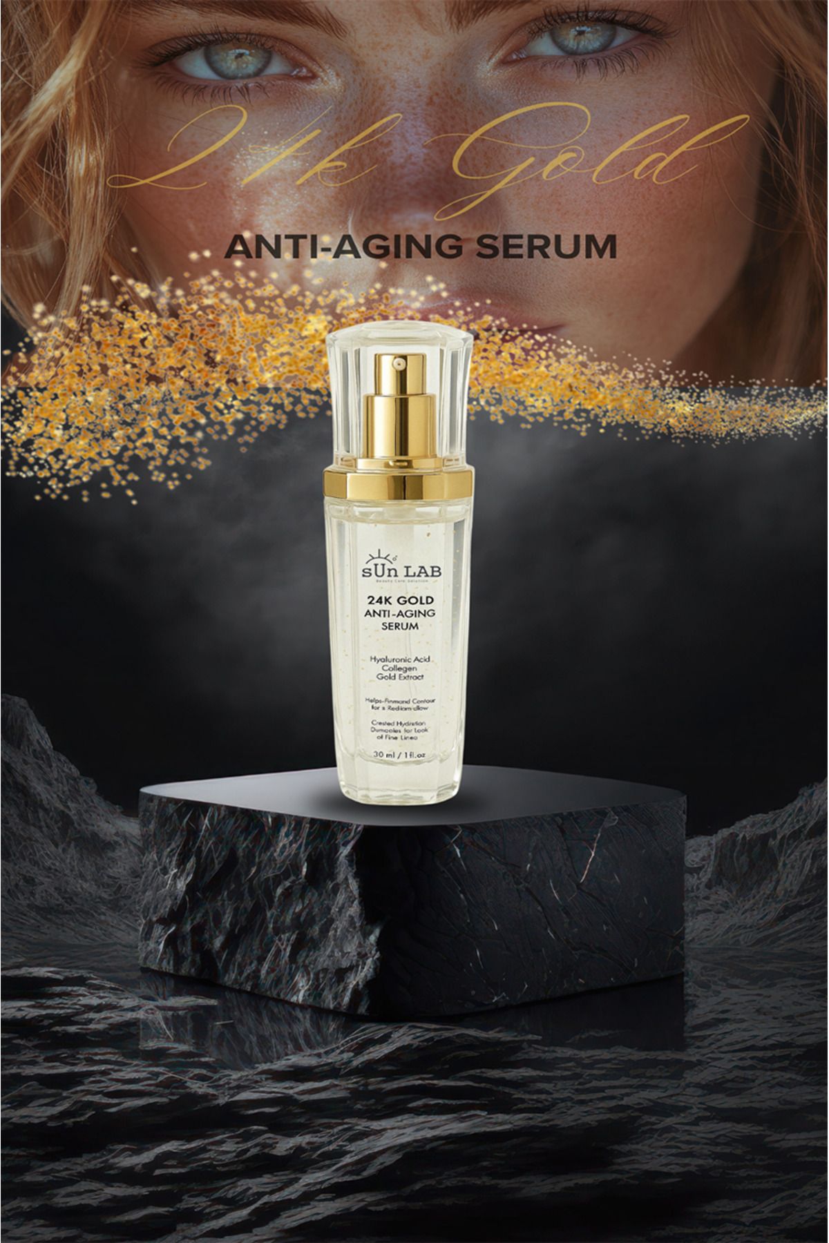 sun lab beauty care solution 24k Altın Parçacıklı Hyaluronik Asit Ve Hidrolize Kollajen İçeren Cilt Bakım Serumu 40ml