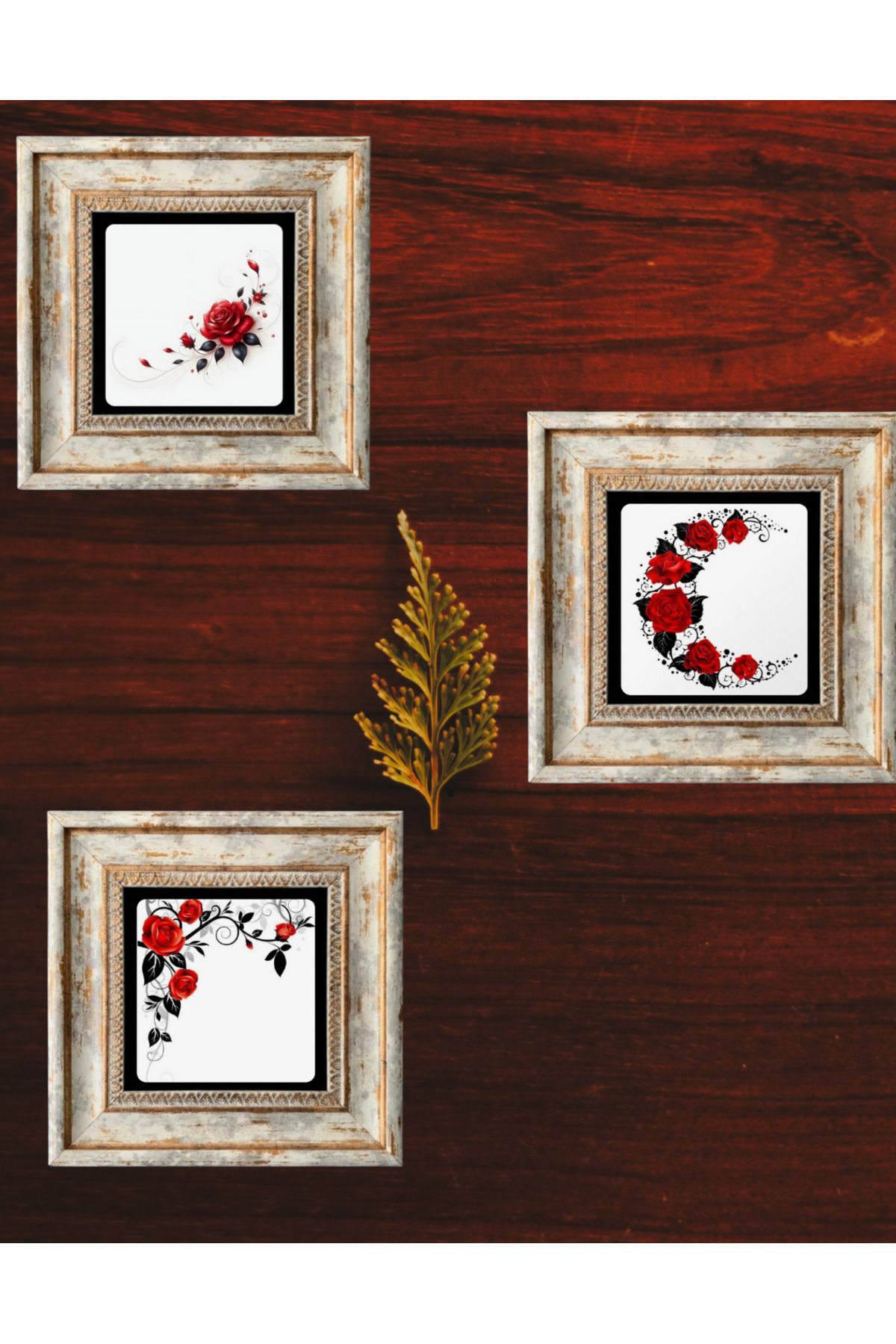 STONEVİVEART Kırmızı çiçekler duvar tablosu 20x20cm doğal taş duvar dekoru 3 adet