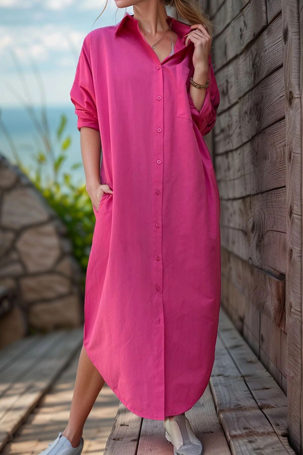 bacc Fuşya Poplin Uzun Cepli Gömlek Elbise BCBSK-25700-3555