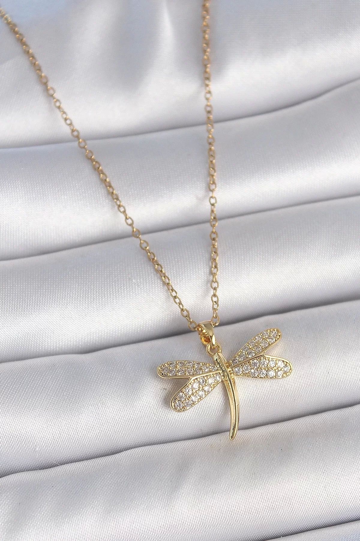 Clariss 316L Çelik Gold Renk Zincir Zirkon Taşlı Yusufçuk Model Kadın Kolye