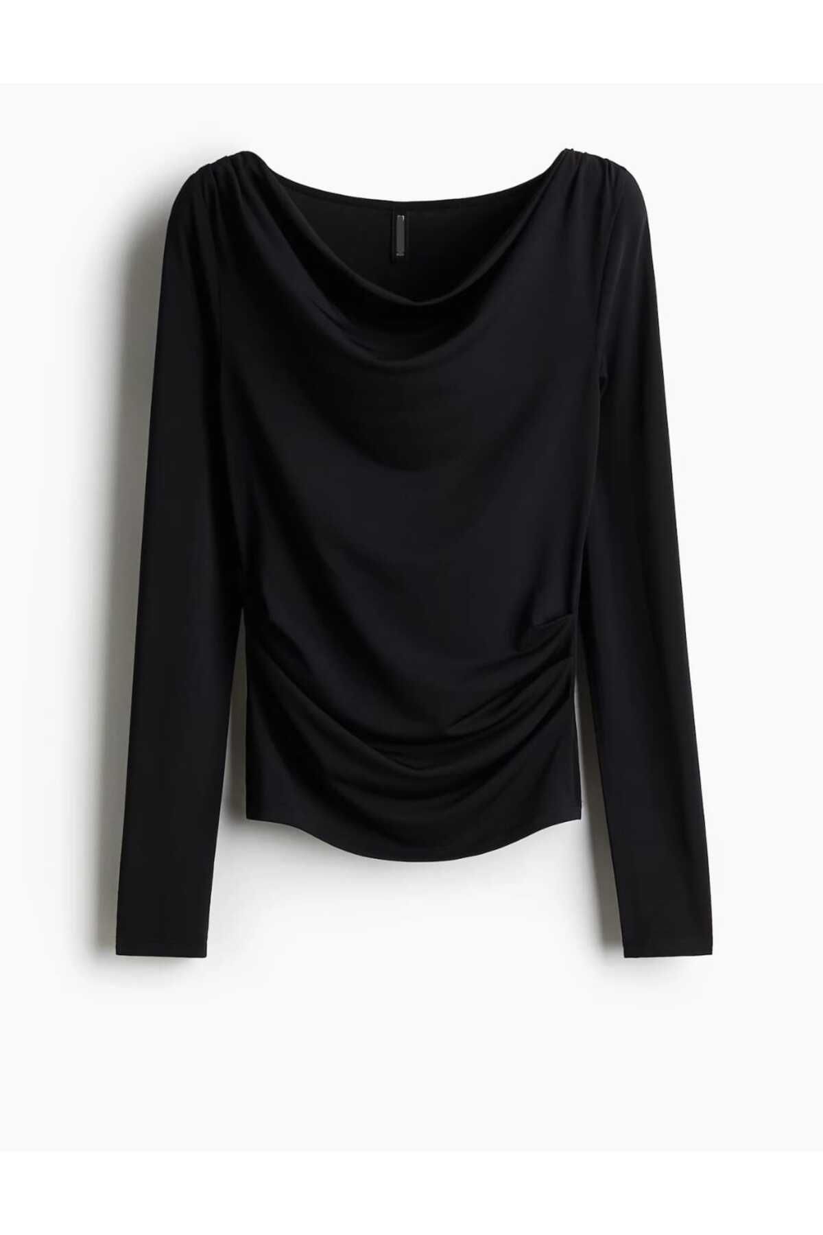 Bubble Kadın Siyah Degaje Yaka Bluz Uzun Kollu Slim Fit Tişört
