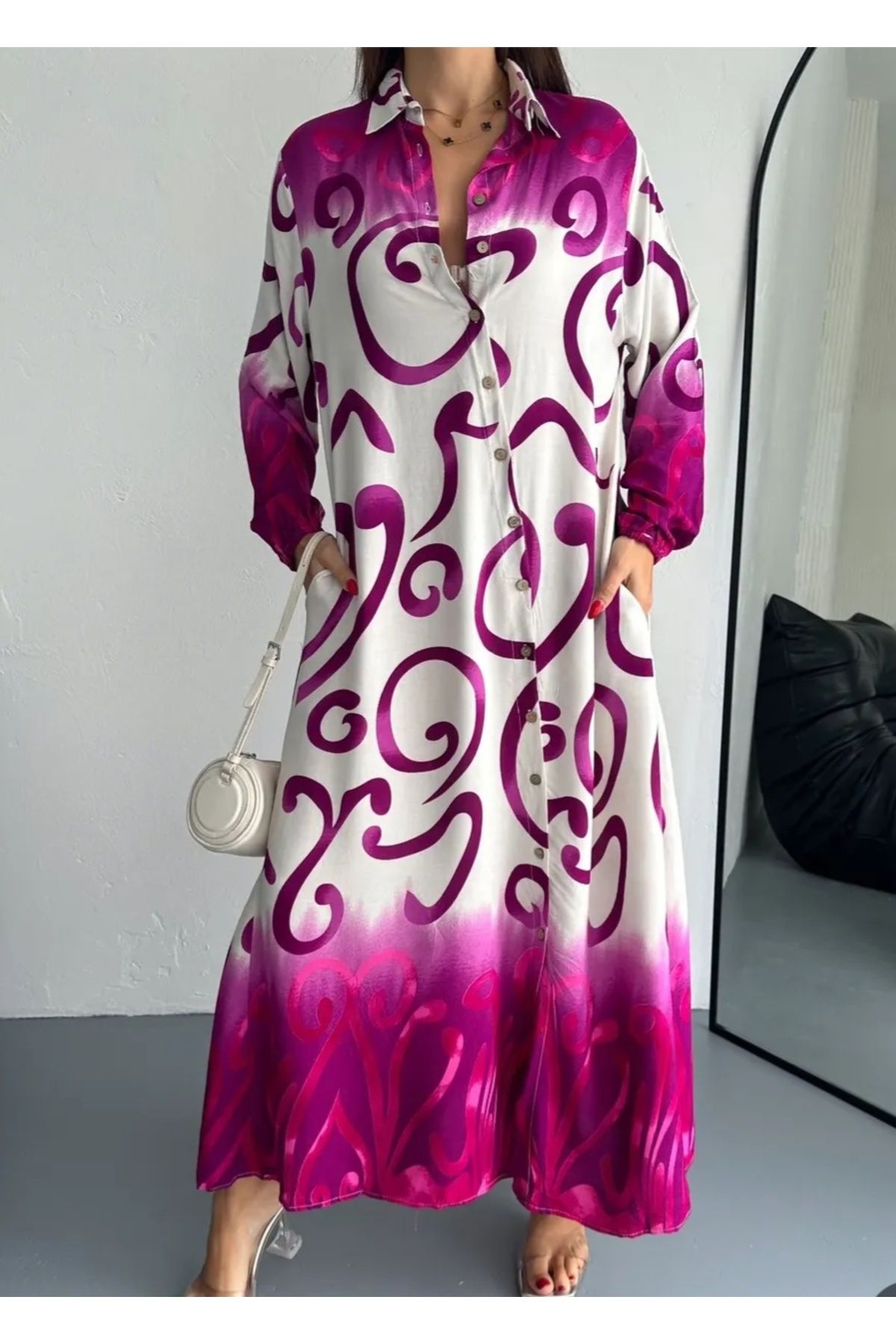 MODA Kadın Uzun Kol Maxi Boy Pembe Desenli Elbise