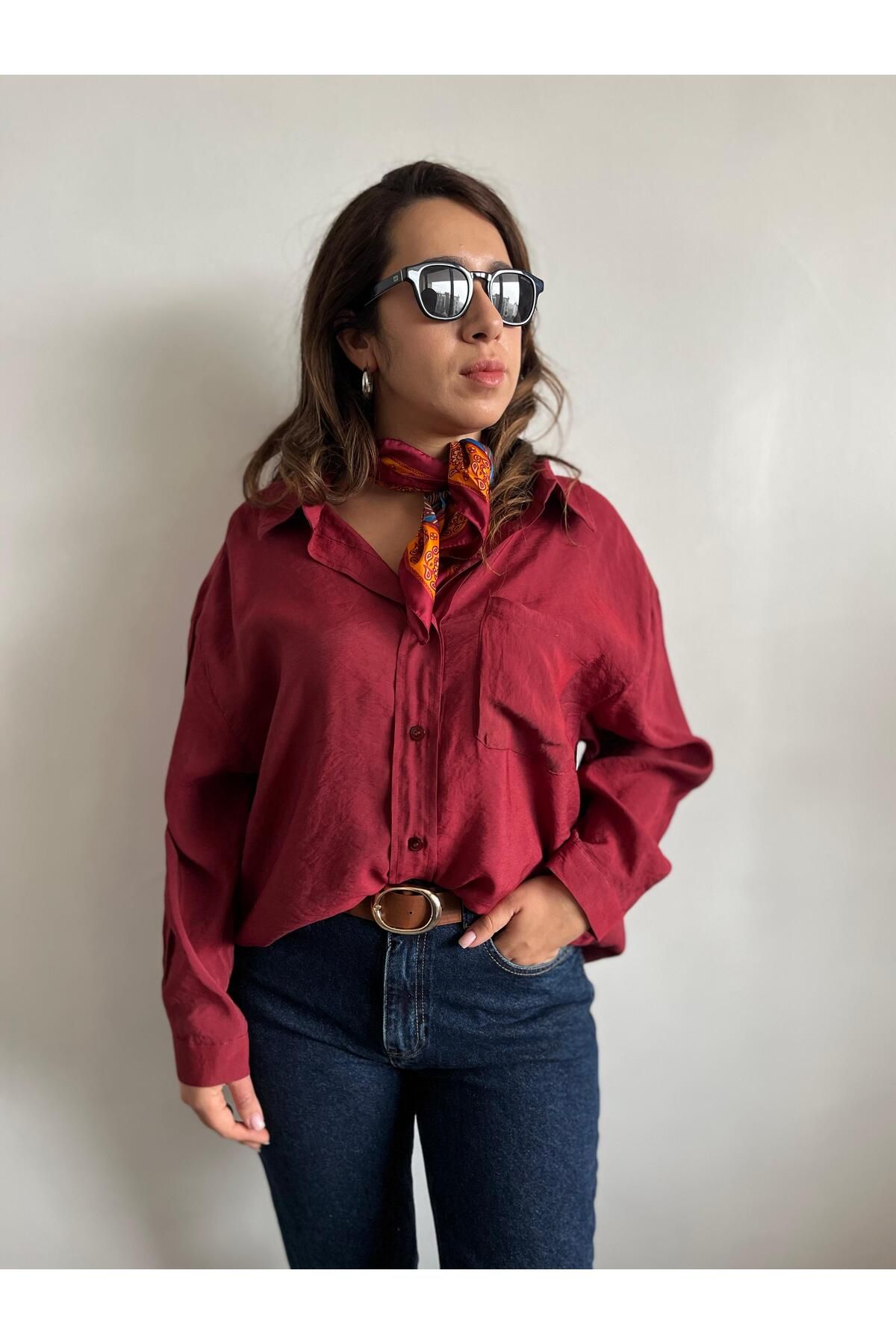Gizybutik Oversize Açık Yaka Keten Karışımlı Gömlek