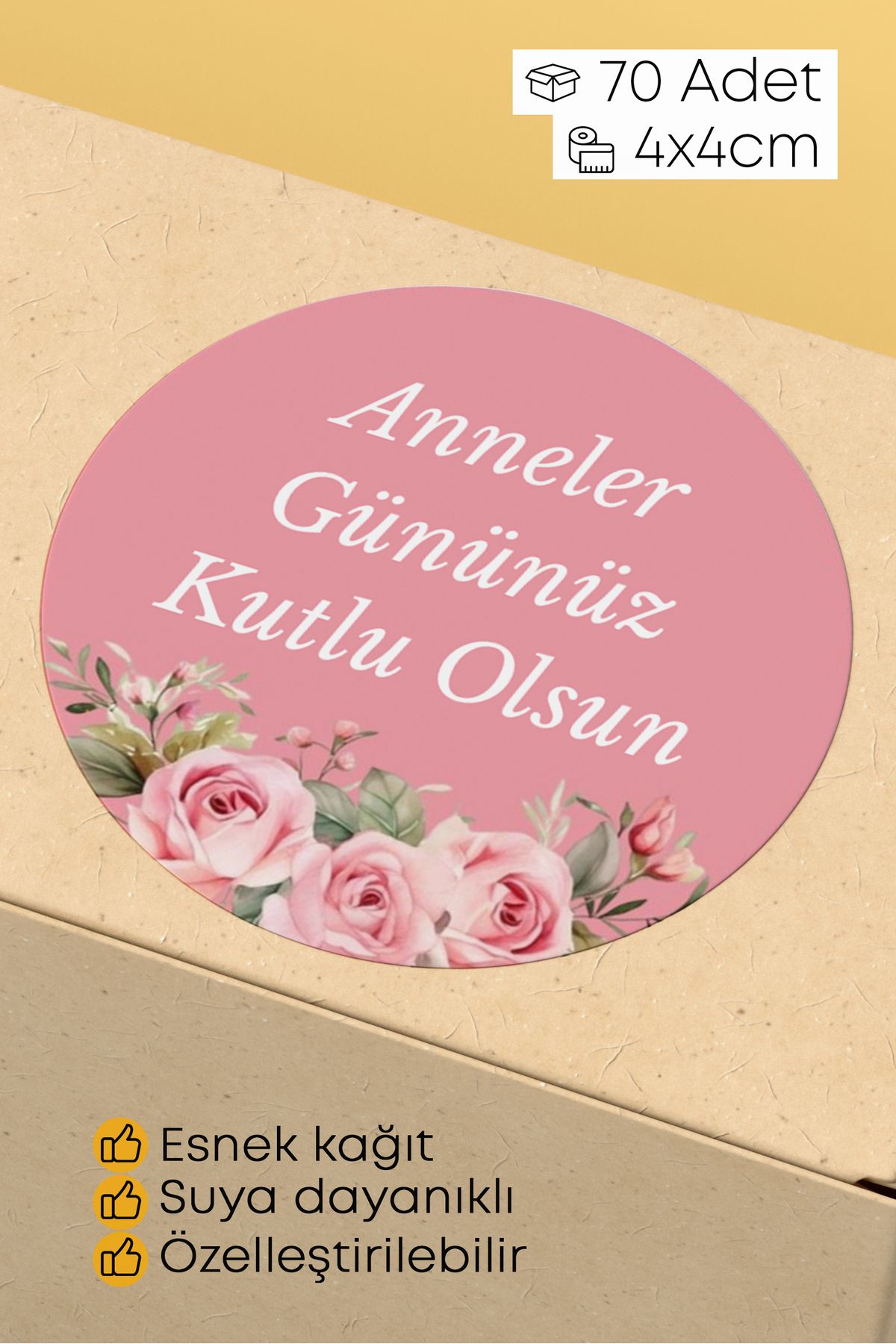 alışveriş kurdu Anneler Gününüz Kutlu Olsun Yazılı Sticker Paketleme Kargo Ambalaj Etiketi - 4x4cm 70 Adet