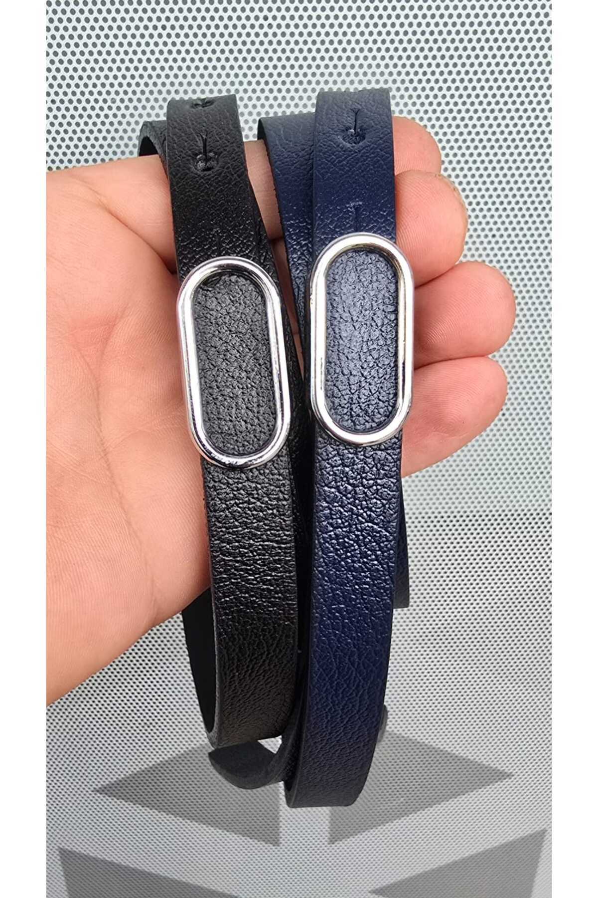 Kemerix-100% Genuine Leather Silver Buckle Thin Black-Navy Blue 2-Piece Belt Set 7
