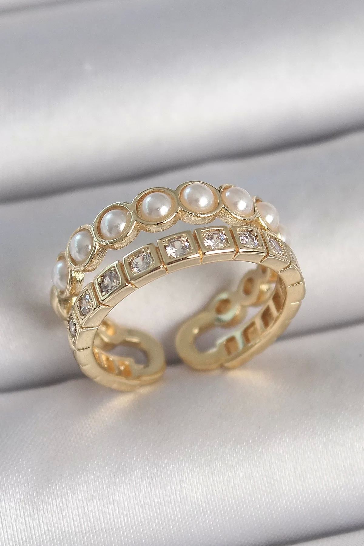 Clariss Pirinç Gold Renk 2'Li Zirkon Taşlı Ve İncili Ayarlanabilir Kadın Yüzük