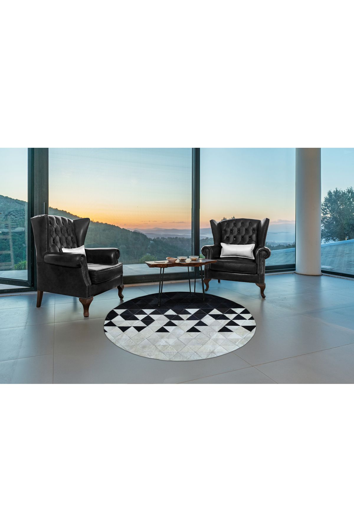Barrio Rico %100 Doğal Dana Derisi Kaymaz Taban Premium Yuvarlak Patchwork Halı - Siyah Beyaz