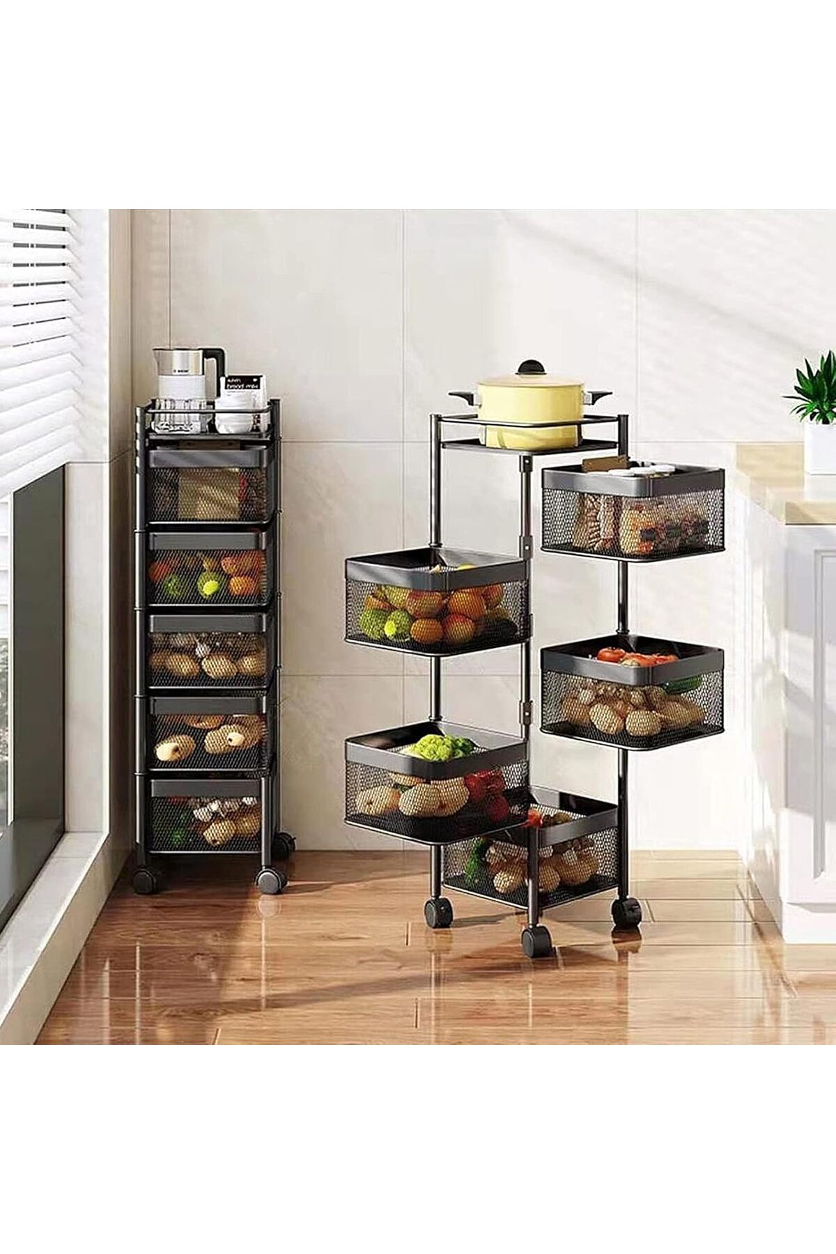 سلة تخزين مكون من 5 طبقات بتصميم مربع دوار قابل للنقل مع عجلات لتخزين الفواكه والخضراوات في المطبخ