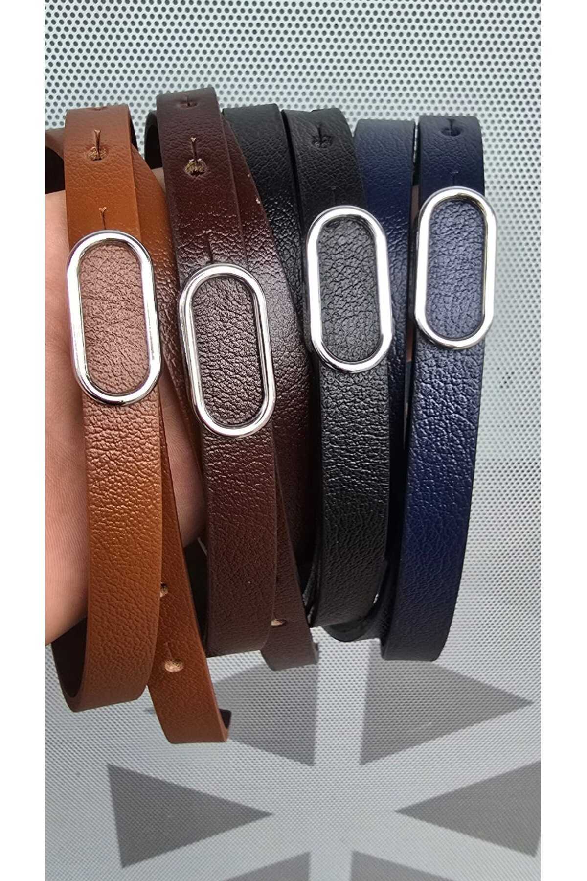Kemerix-100% Genuine Leather Silver Buckle Thin Black-Tan-Navy Blue-Acute Brown 4-Piece Belt Set 7