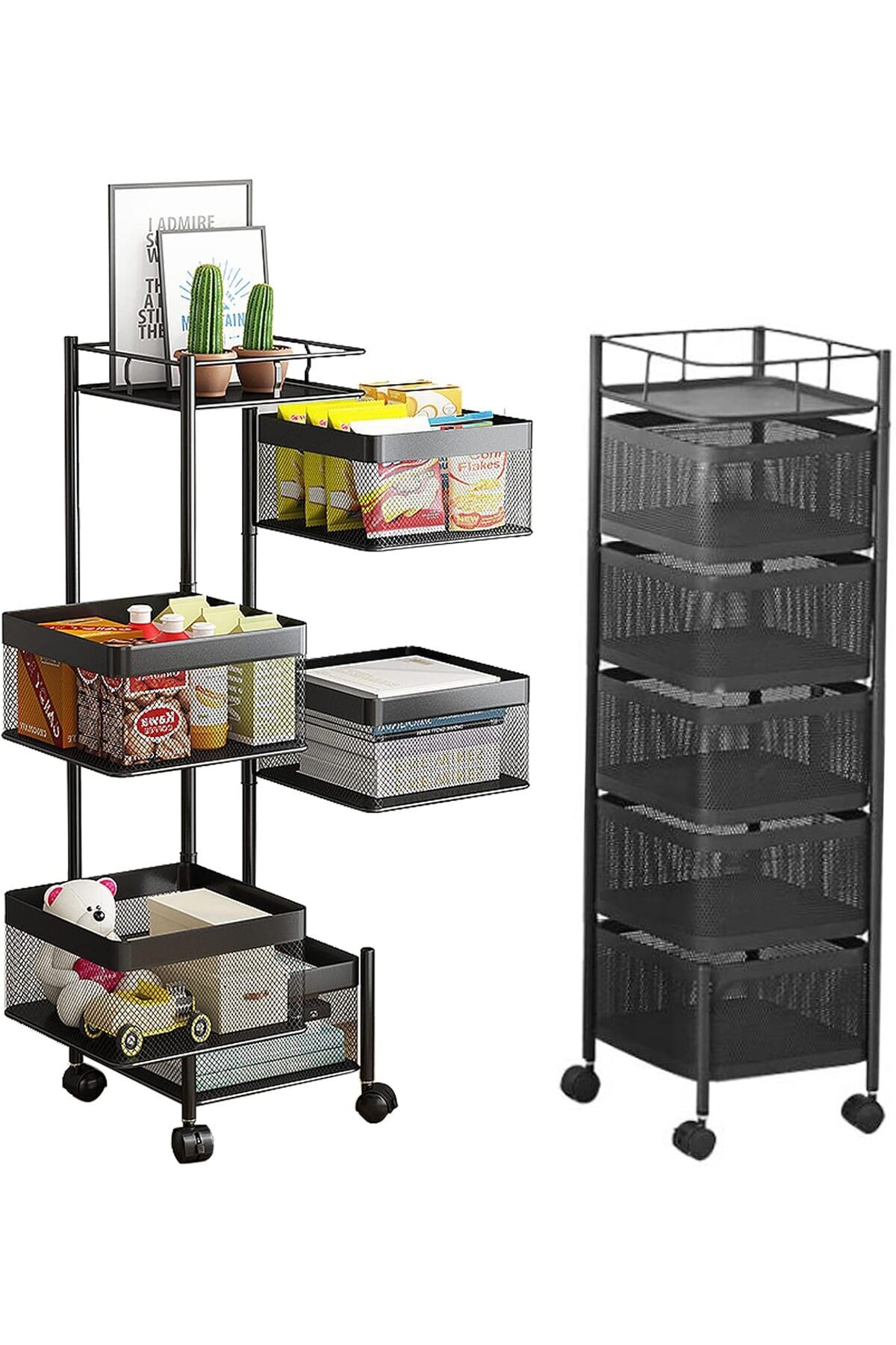 سلة تخزين مكون من 5 طبقات بتصميم مربع دوار قابل للنقل مع عجلات لتخزين الفواكه والخضراوات في المطبخ